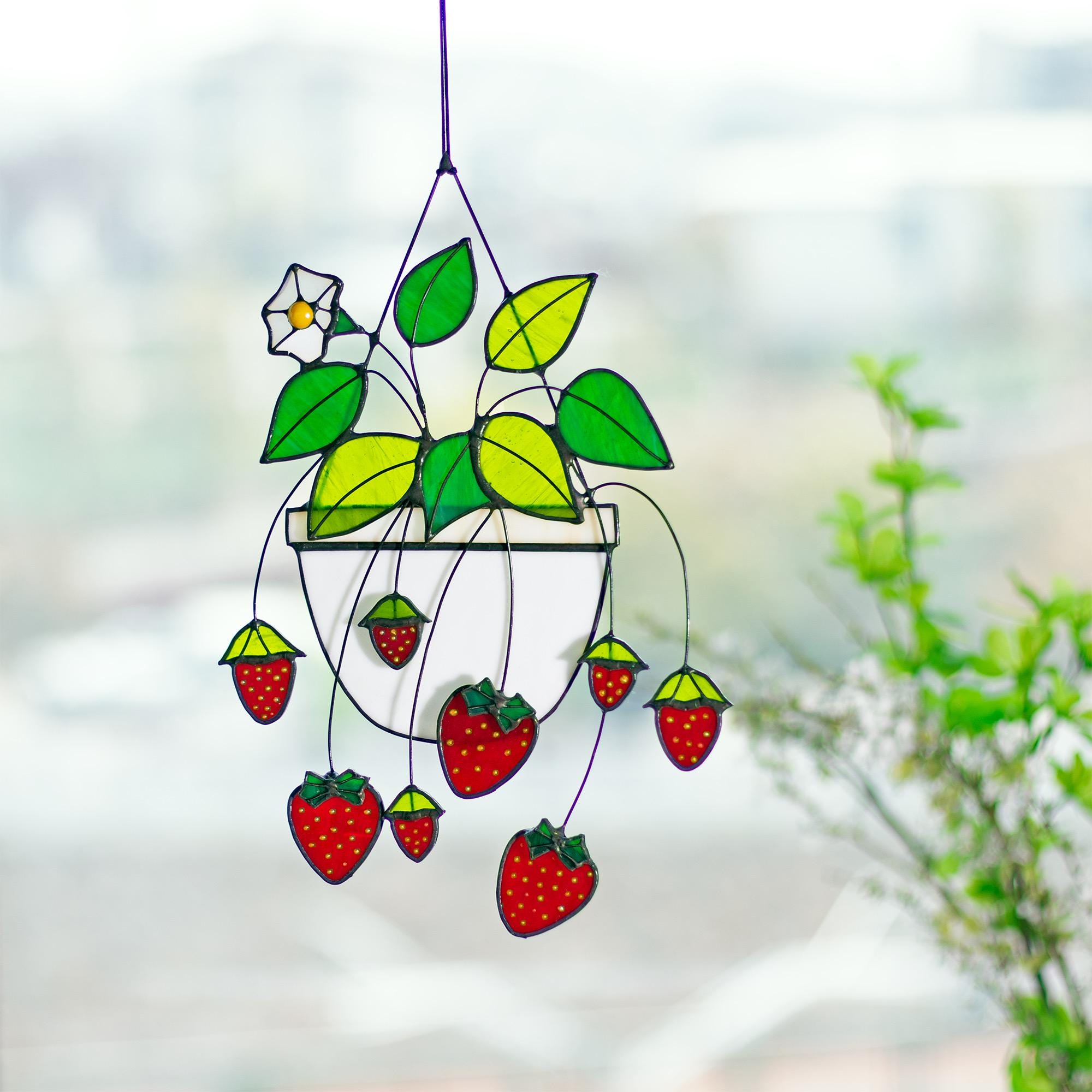 RainLine Strawberry Stained Glass Suncatcher Window Hanging 12.6in