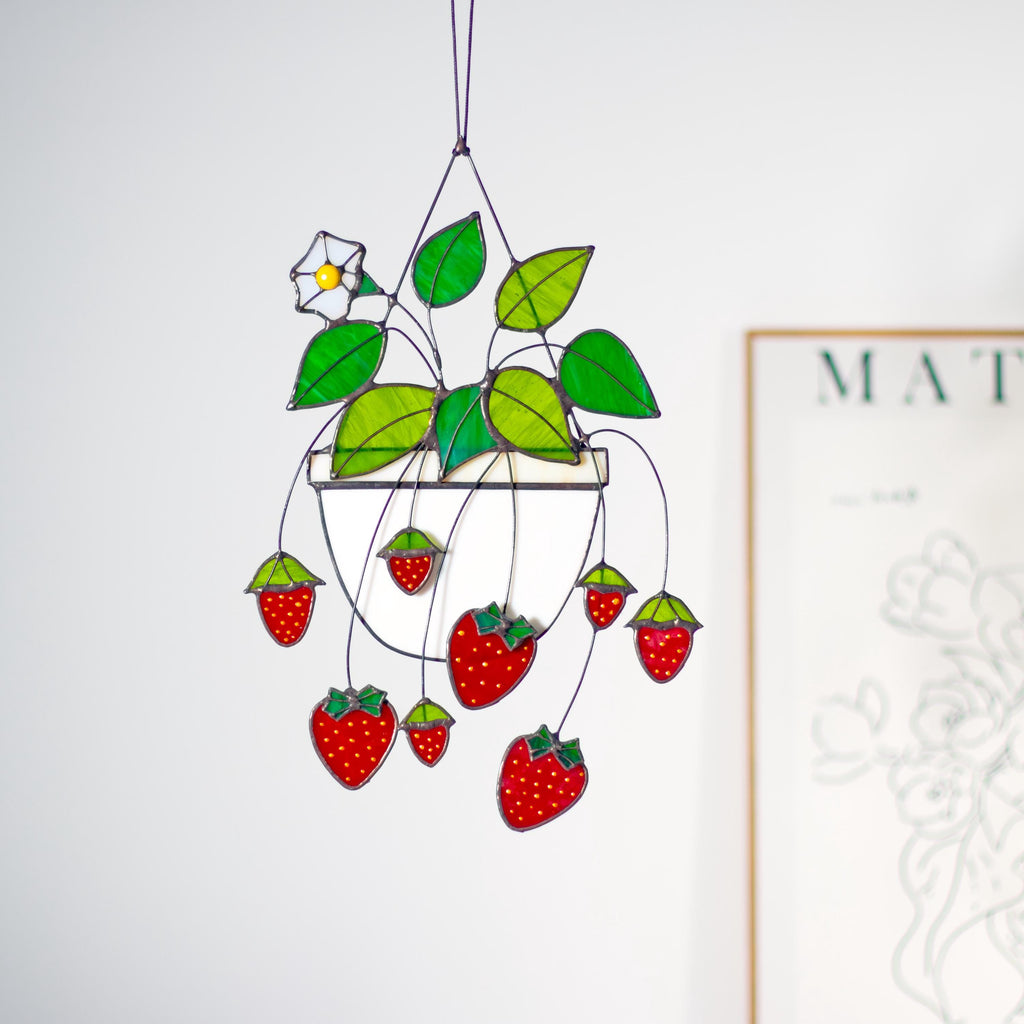RainLine Strawberry Stained Glass Suncatcher Window Hanging 12.6in