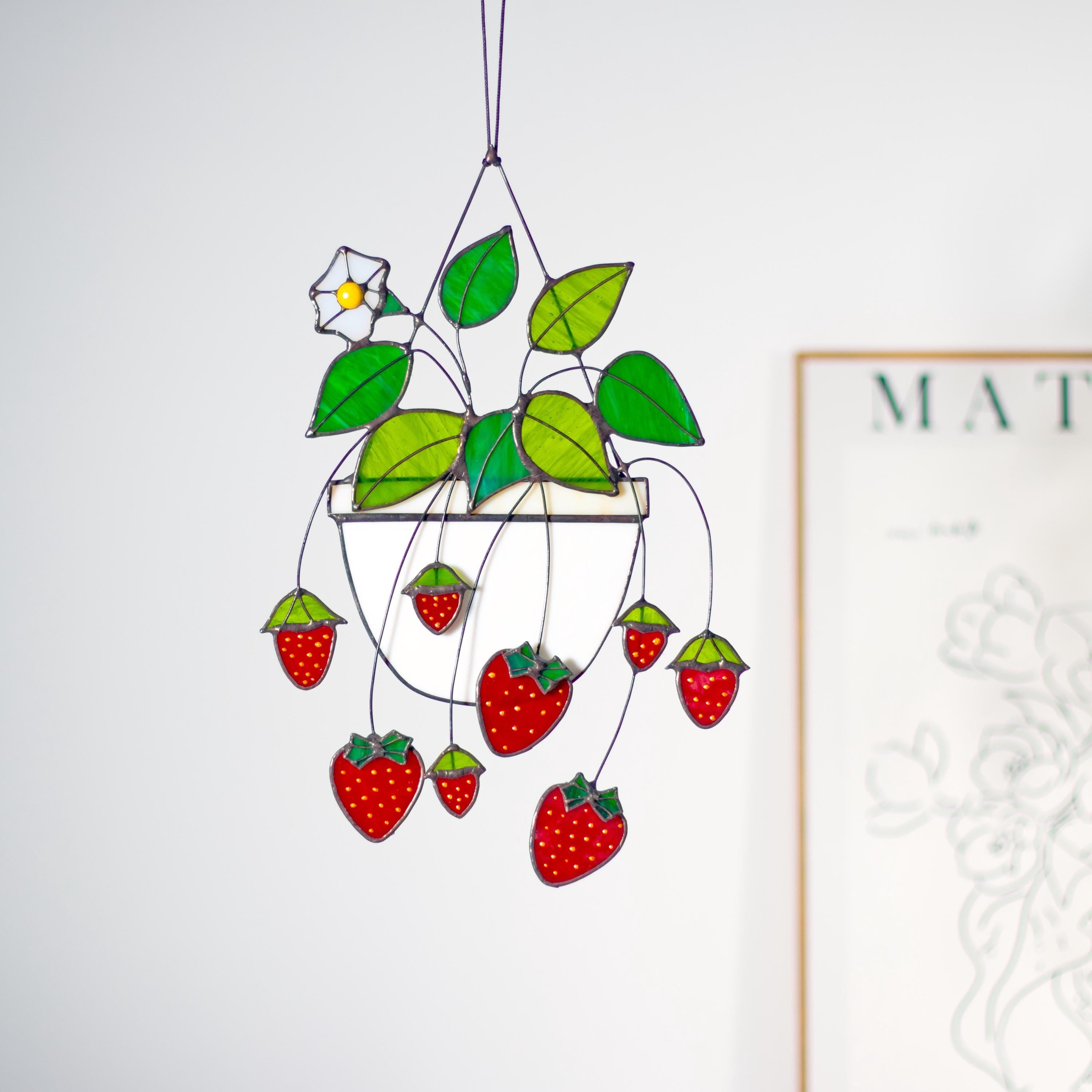 RainLine Strawberry Stained Glass Suncatcher Window Hanging 12.6in