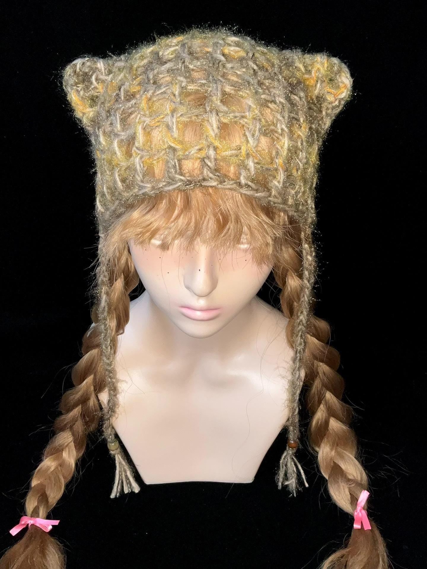 Vintage Forest-Style Cat Ear Beanie - Handmade Adjustable Beige/Yellow