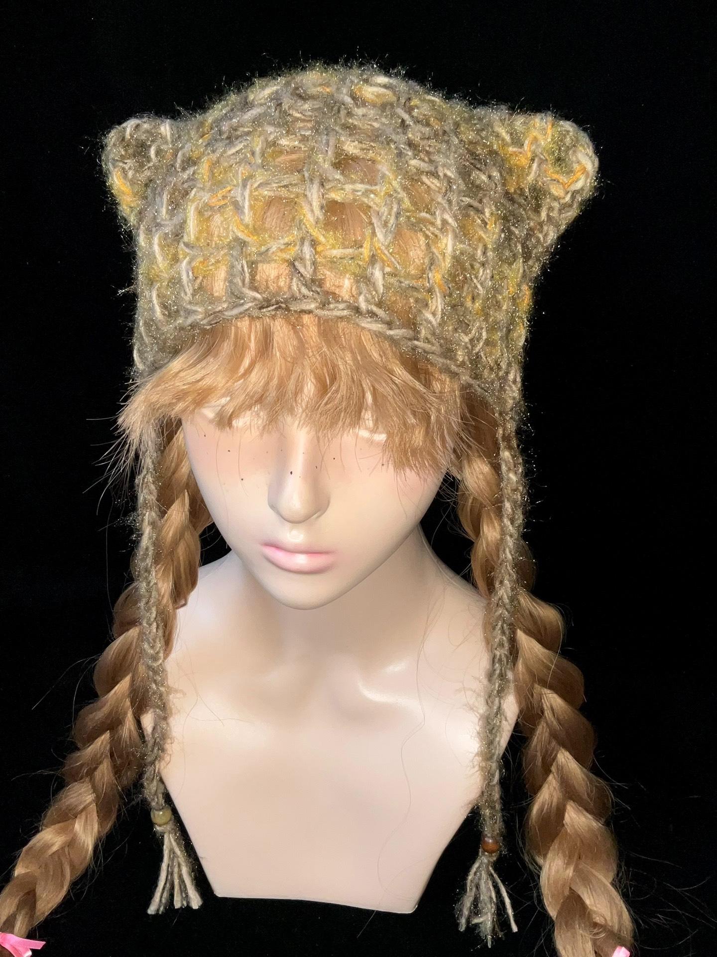 Vintage Forest-Style Cat Ear Beanie - Handmade Adjustable Beige/Yellow