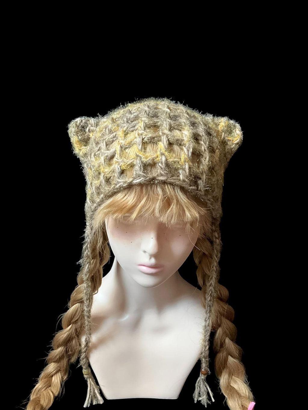 Vintage Forest-Style Cat Ear Beanie - Handmade Adjustable Beige/Yellow