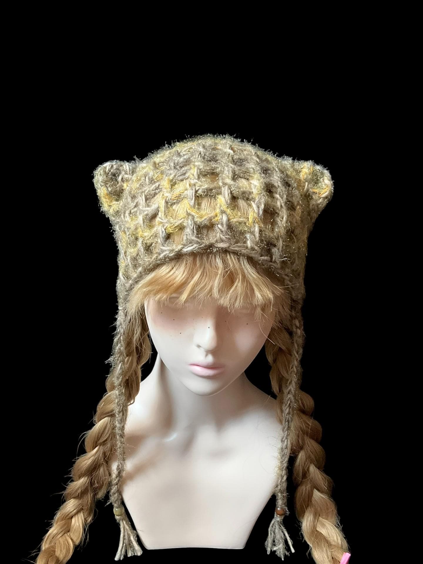 Vintage Forest-Style Cat Ear Beanie - Handmade Adjustable Beige/Yellow
