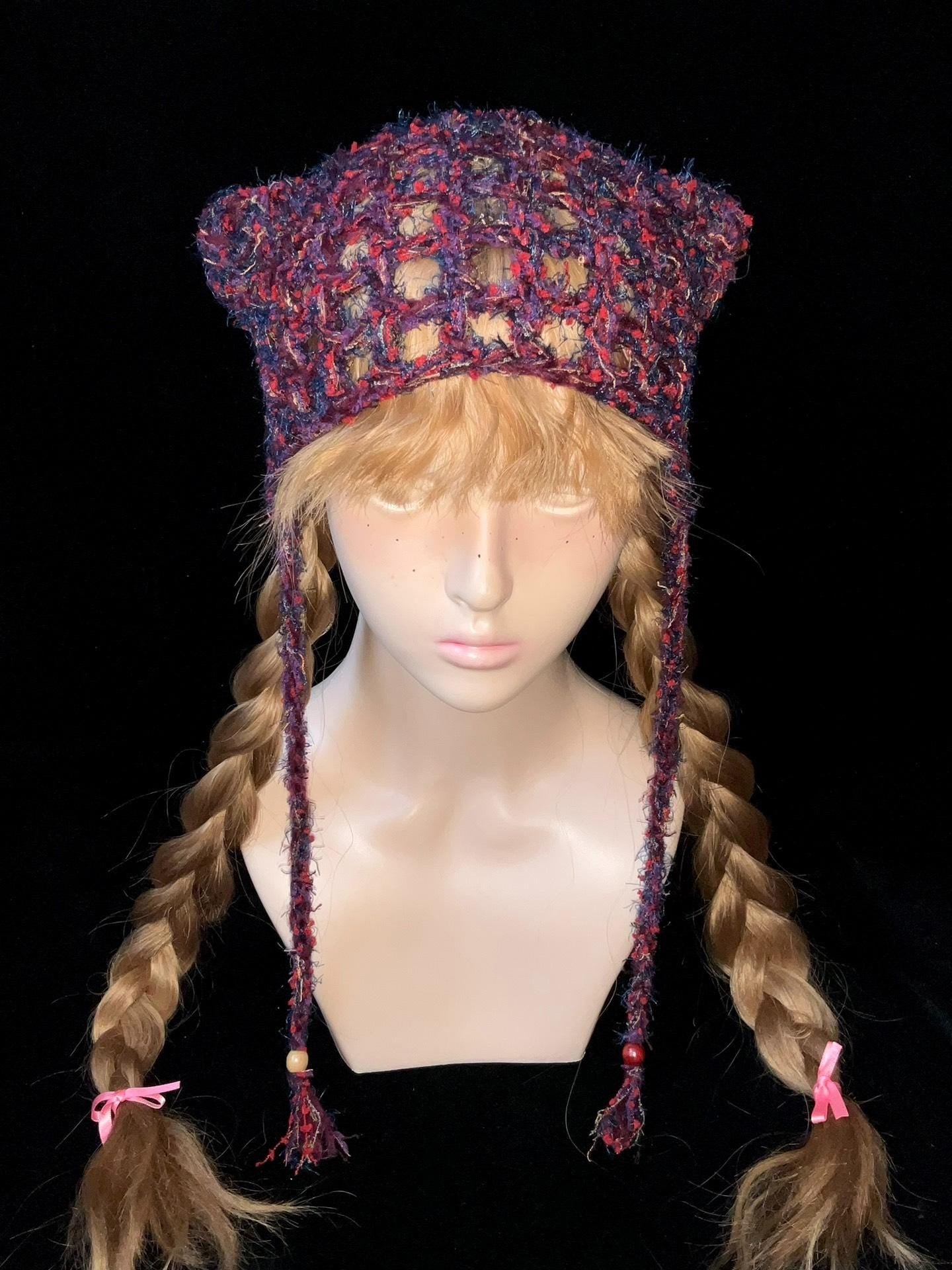 StellarPride Vintage Forest-Style Cat Ear Beanie Plum Red
