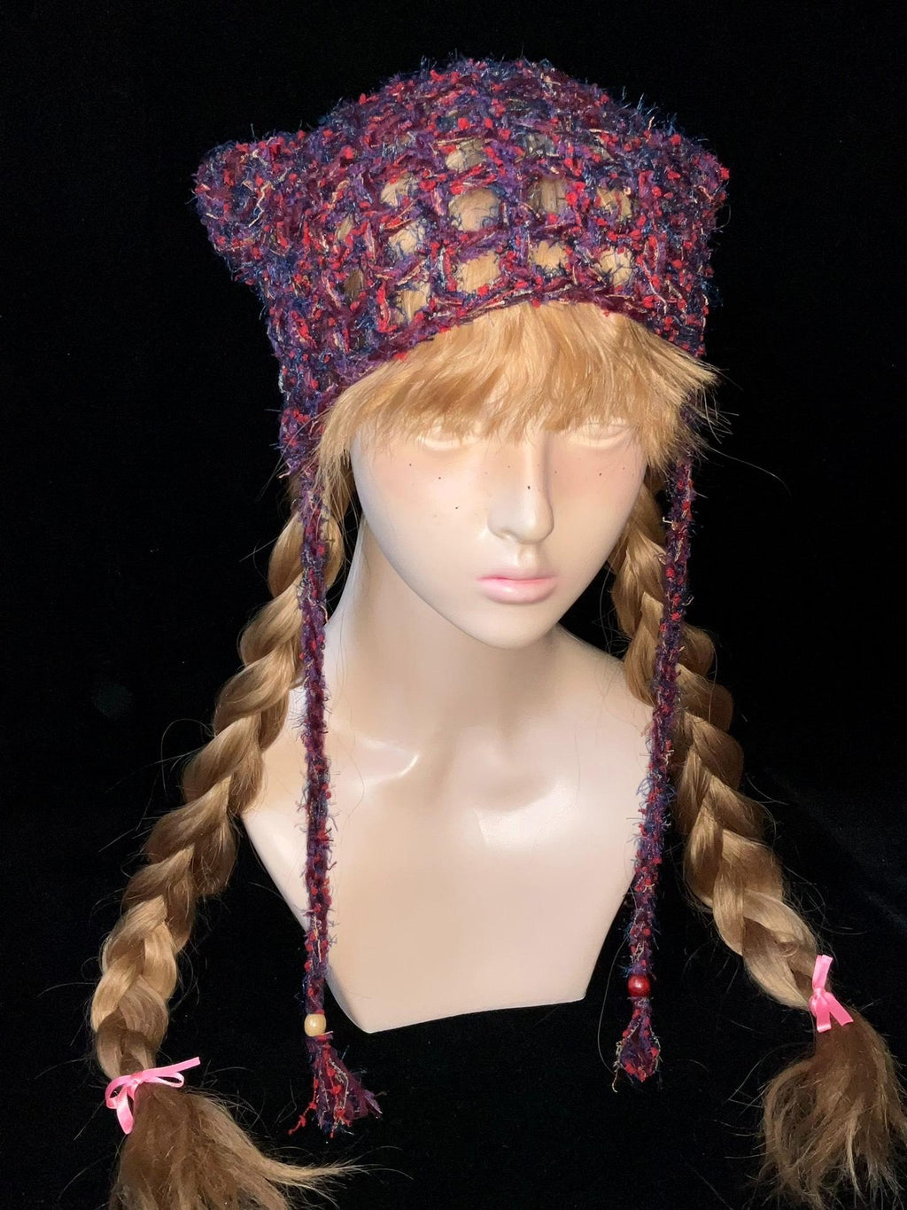 StellarPride Vintage Forest-Style Cat Ear Beanie Plum Red