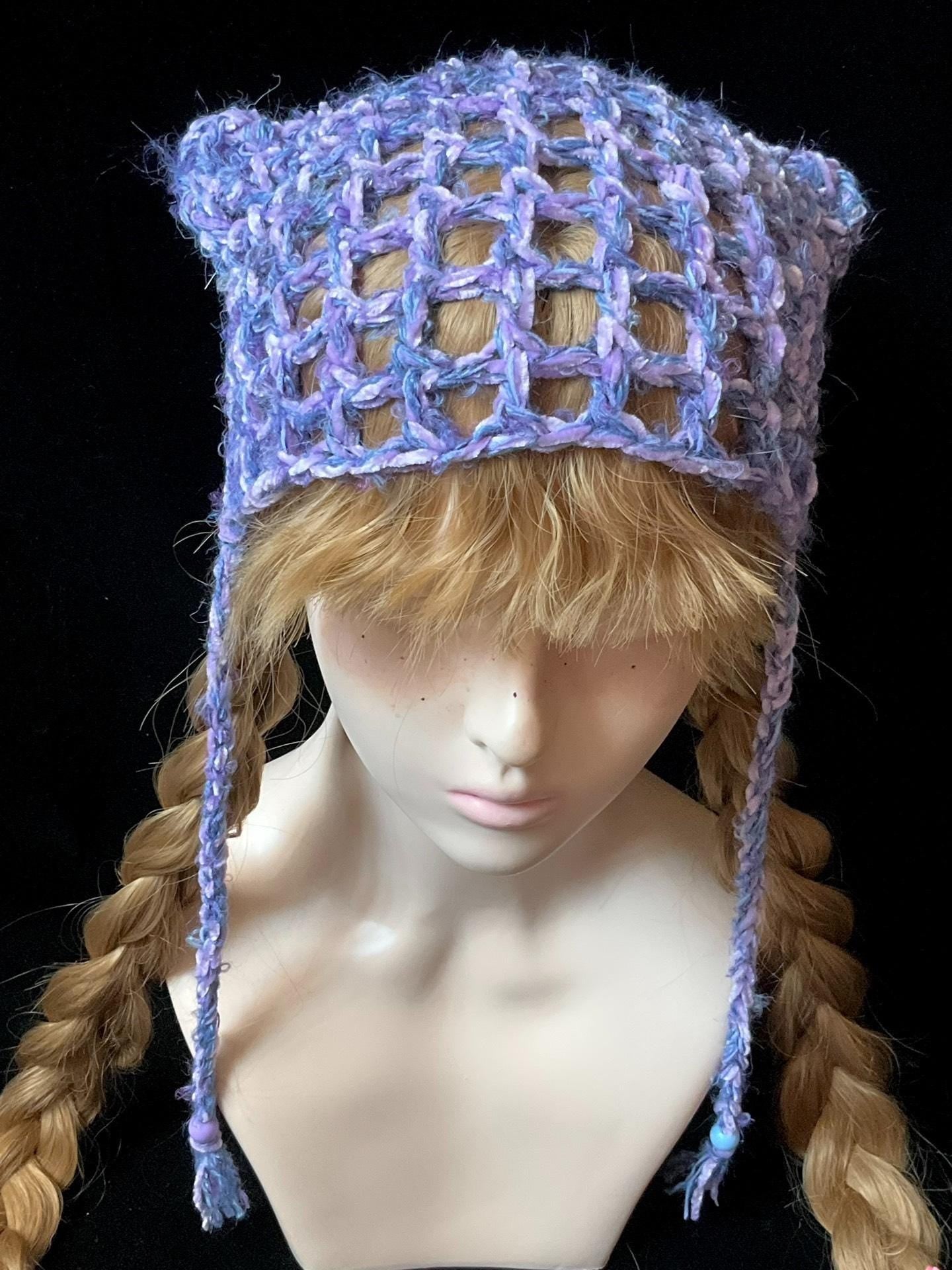 Handmade Purple & Blue Y2K Cat Ear Beanie - Snug Fit