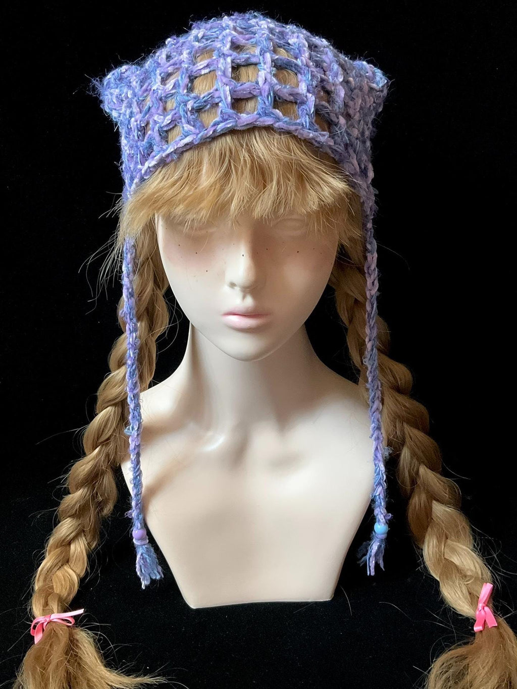 Handmade Purple & Blue Y2K Cat Ear Beanie - Snug Fit