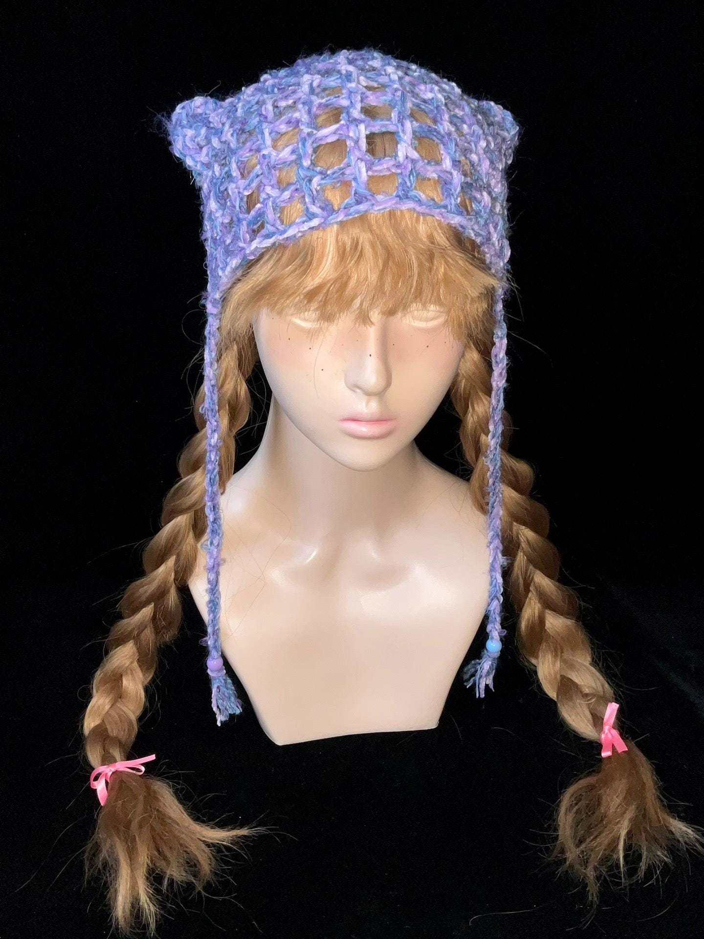Handmade Purple & Blue Y2K Cat Ear Beanie - Snug Fit