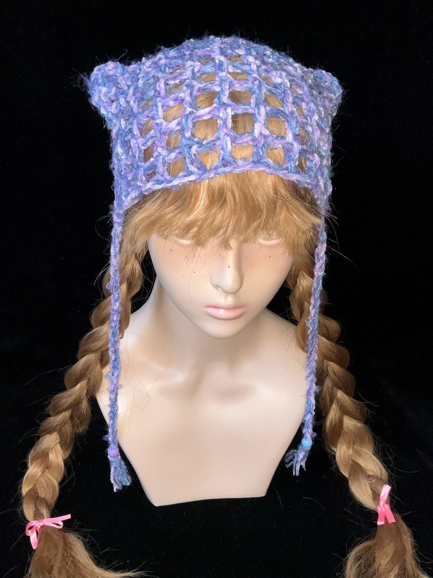 Handmade Purple & Blue Y2K Cat Ear Beanie - Snug Fit