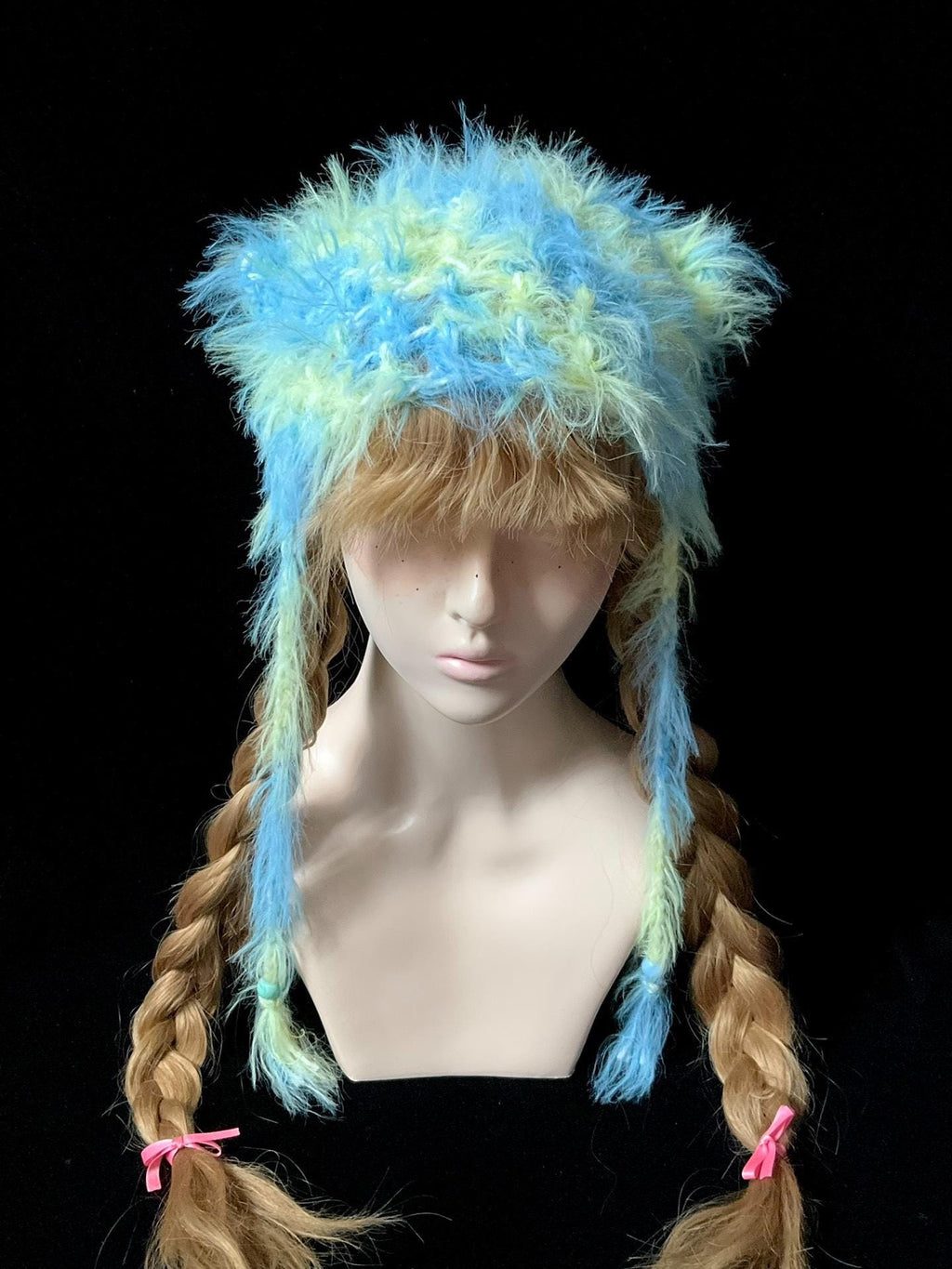 Handmade Y2K Blue Yellow Fluffy Cat Ear Hat