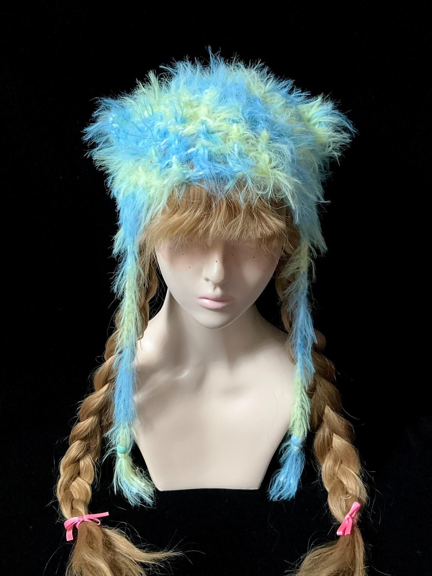 Handmade Y2K Blue Yellow Fluffy Cat Ear Hat