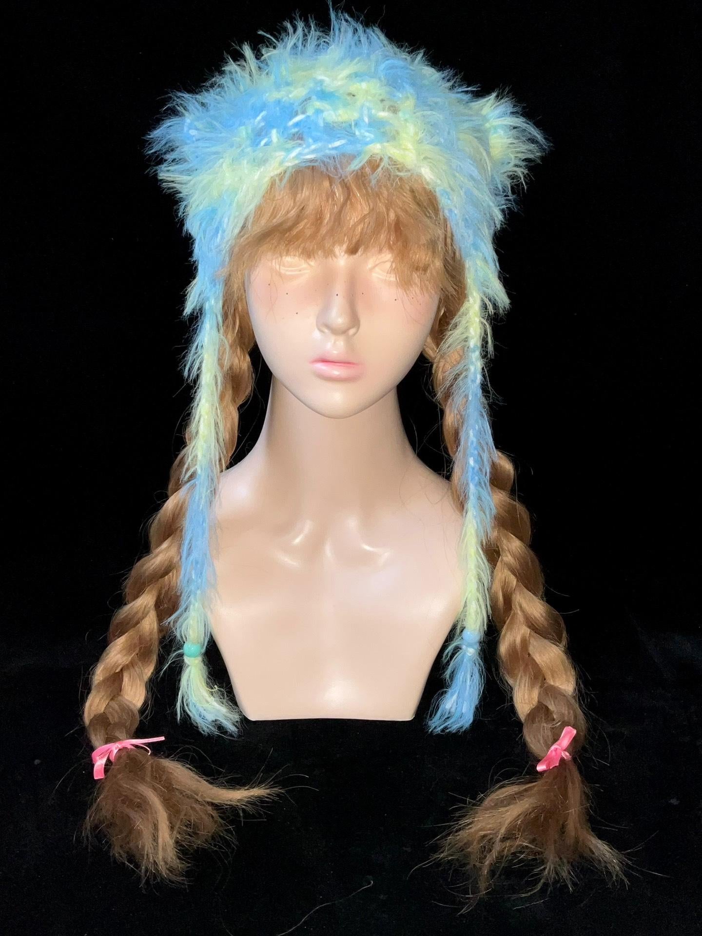 Handmade Y2K Blue Yellow Fluffy Cat Ear Hat