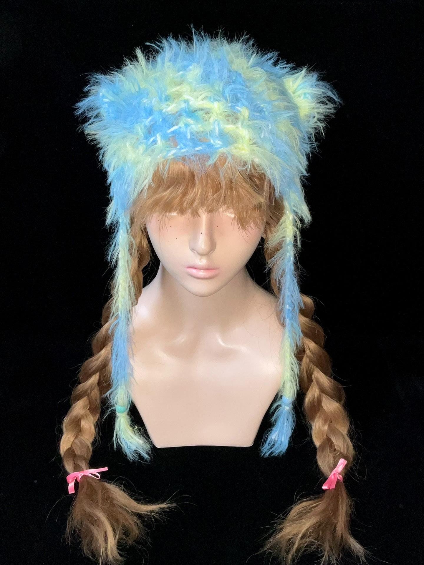 Handmade Y2K Blue Yellow Fluffy Cat Ear Hat