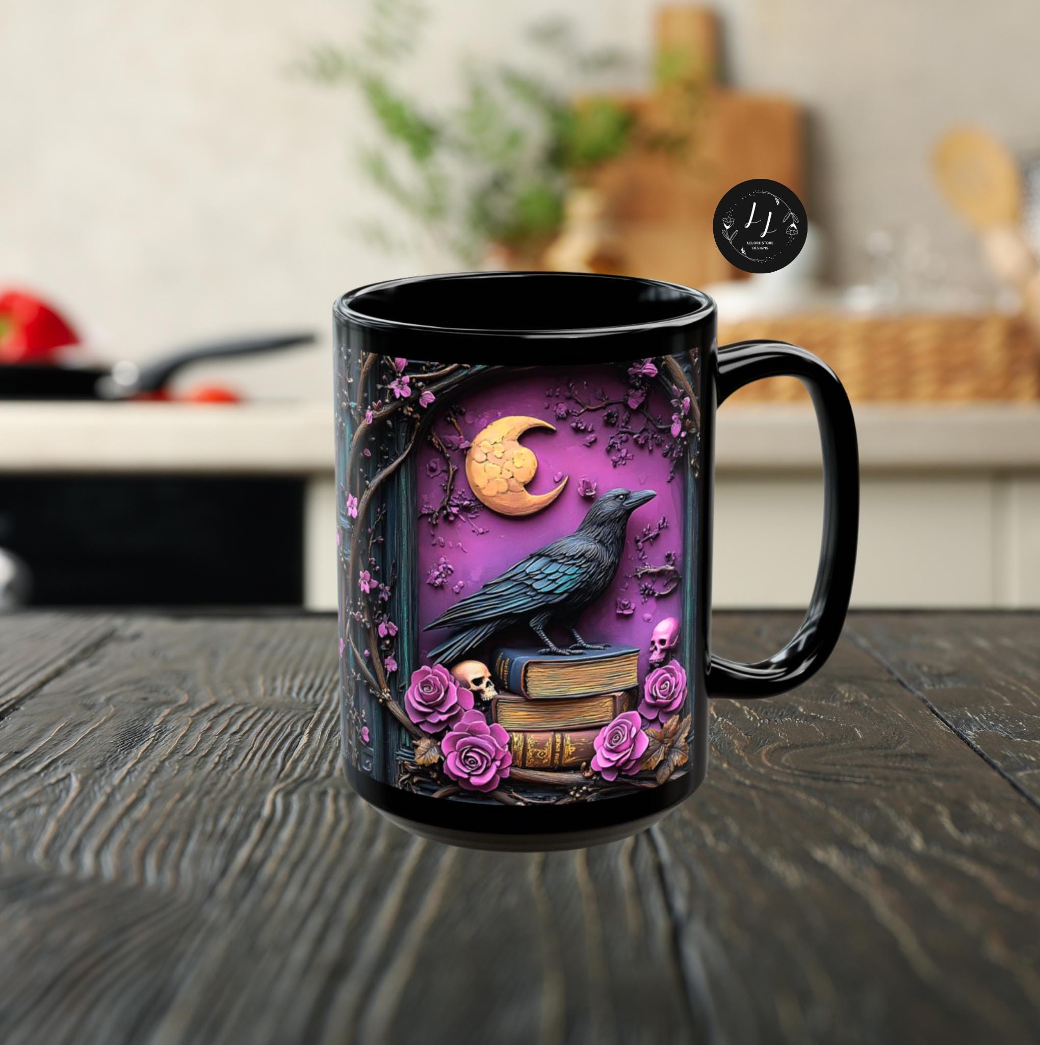 LELORESTORE Gothic Floral Bookish Mug Purple Bookshelf Witch Coffee Cup