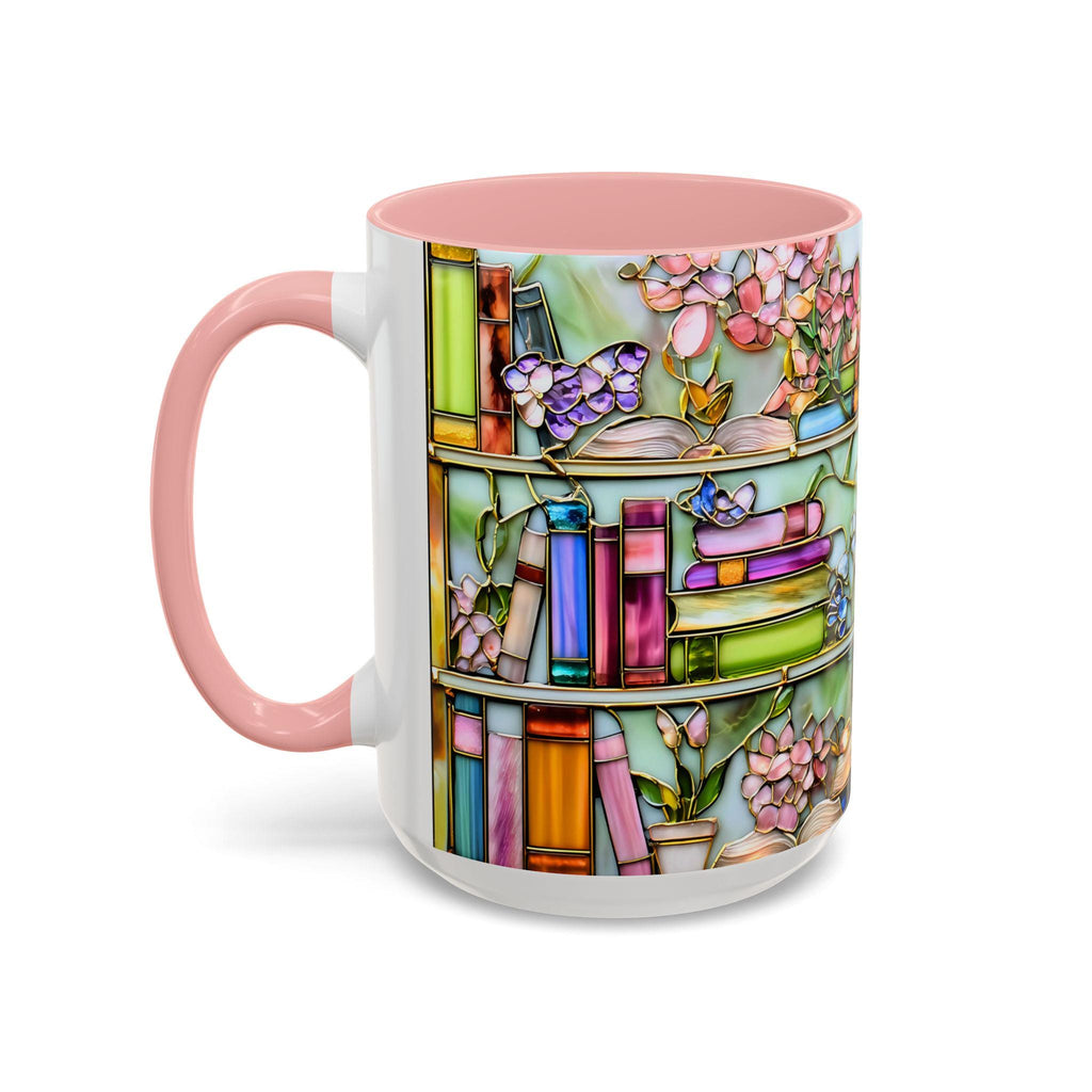LELORESTORE Floral Bookshelf Coffee Mug Faux Stained Glass Ceramic Book Lover Gift
