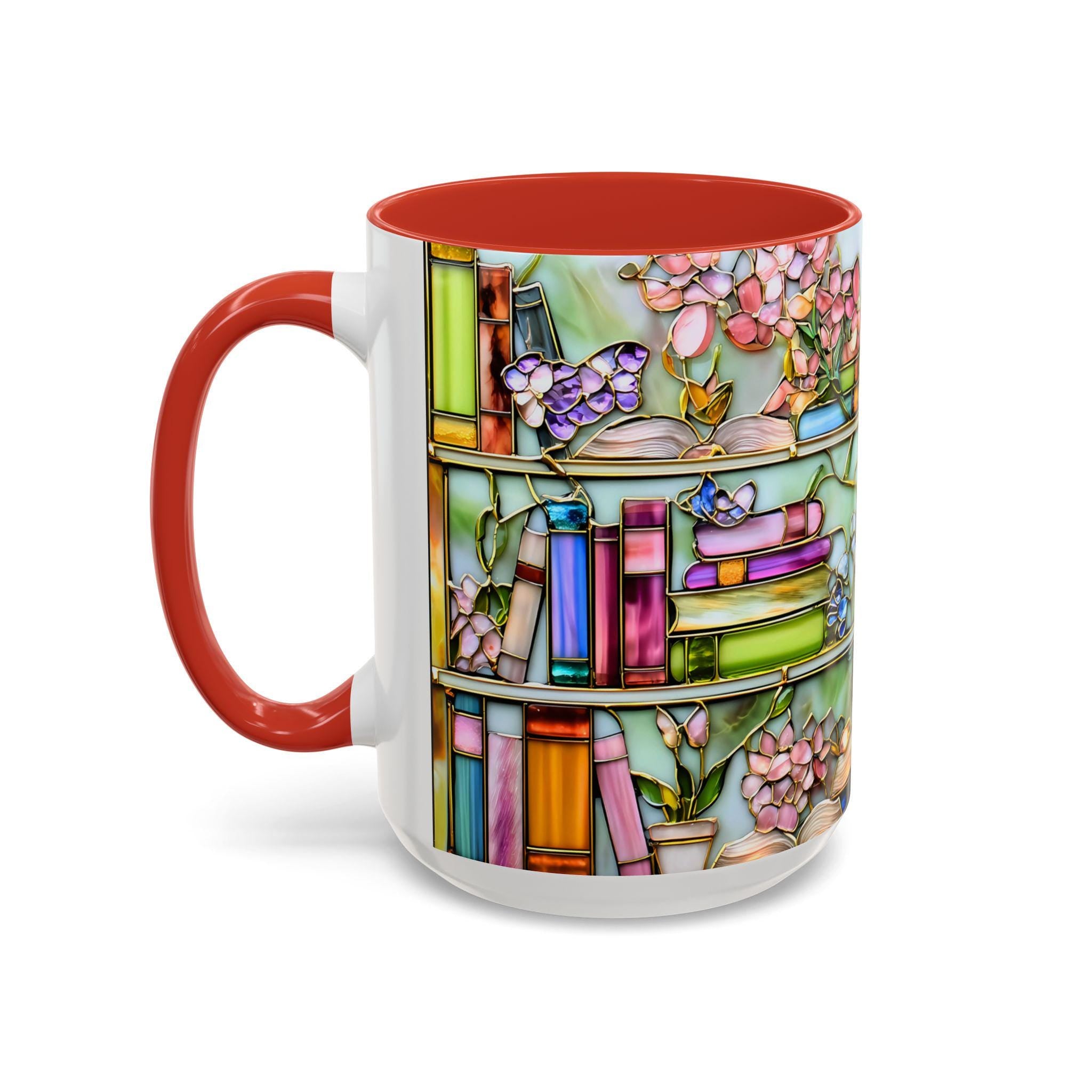 LELORESTORE Floral Bookshelf Coffee Mug Faux Stained Glass Ceramic Book Lover Gift