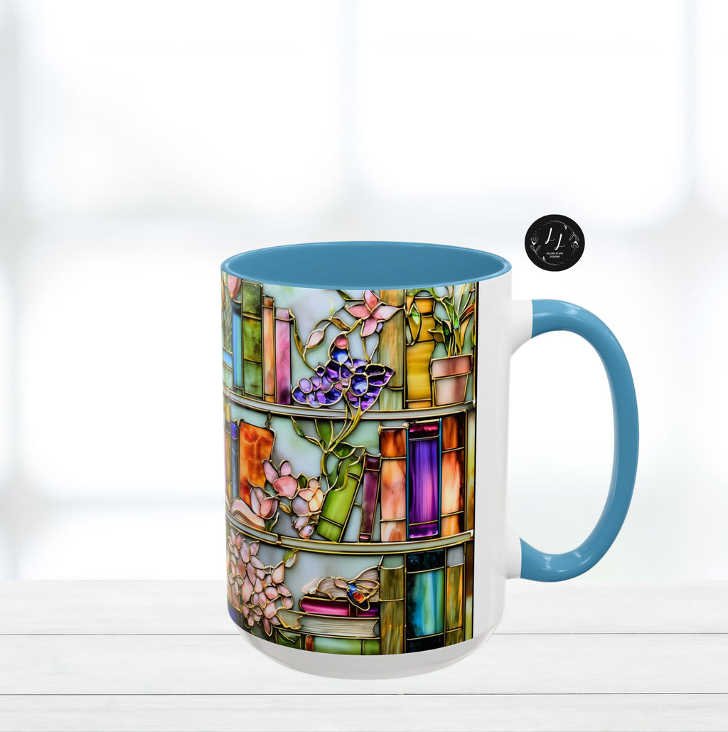 LELORESTORE Floral Bookshelf Coffee Mug Faux Stained Glass Ceramic Book Lover Gift