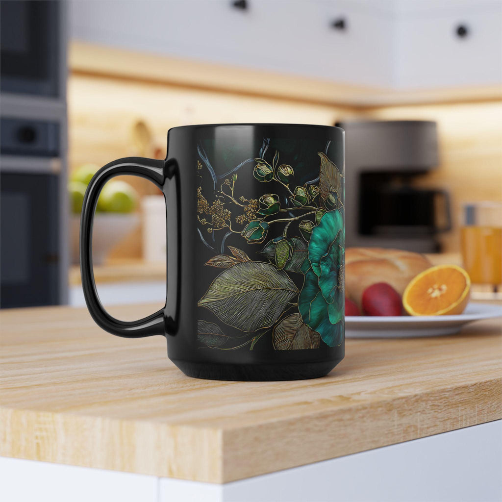 Vintage Botanical Ceramic Coffee Mug Dark Green Floral