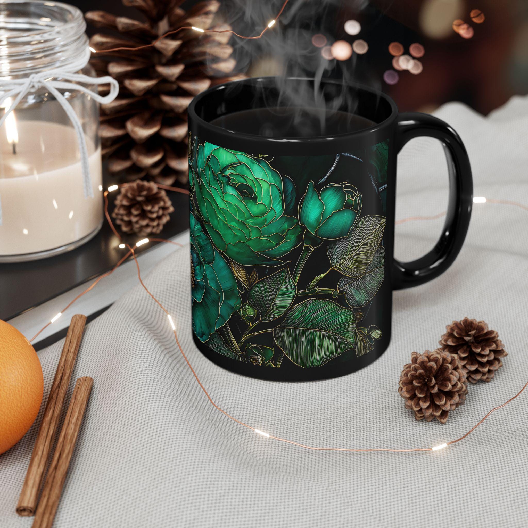 Vintage Botanical Ceramic Coffee Mug Dark Green Floral