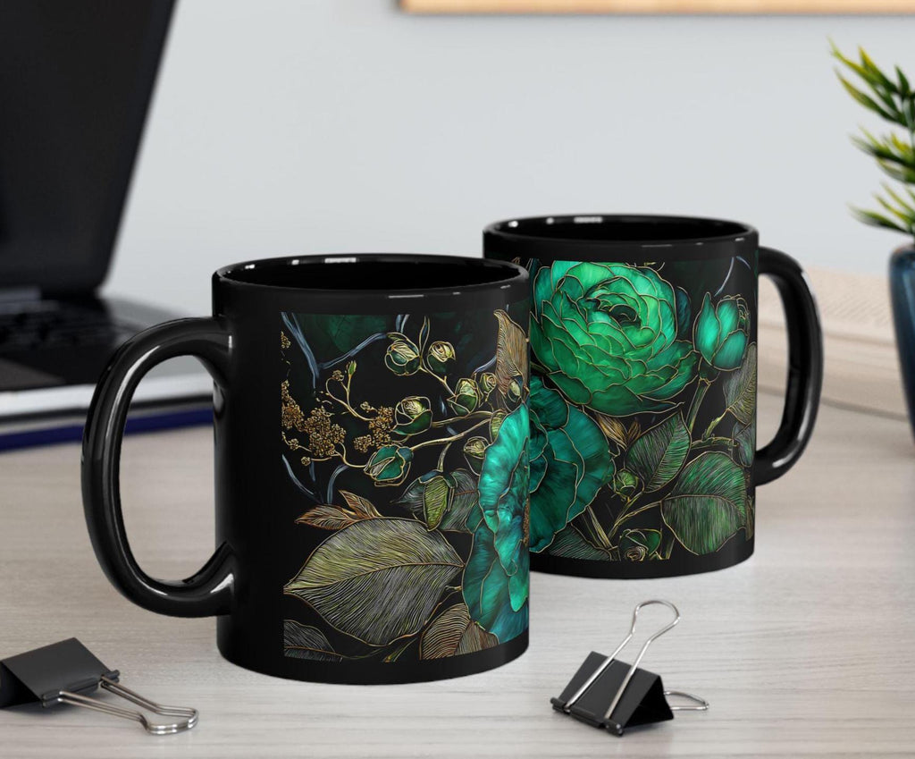 Vintage Botanical Ceramic Coffee Mug Dark Green Floral