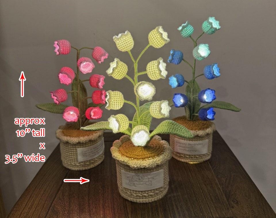 CrochetRecipe Crochet Lily of the Valley Potted Plant Lamp LED Table Light 10in White