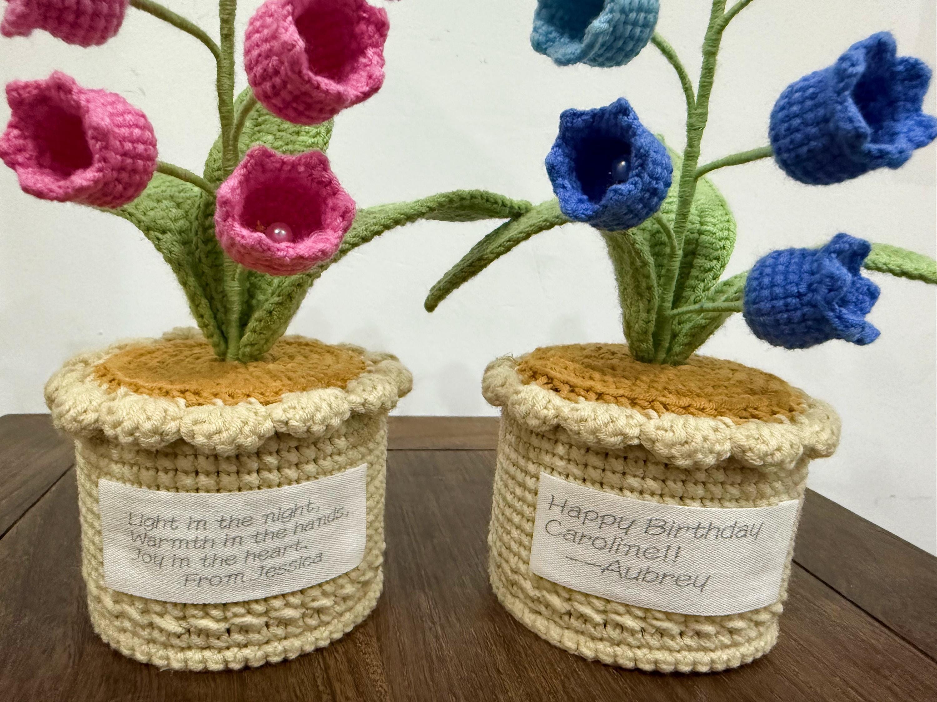CrochetRecipe Crochet Lily of the Valley Potted Plant Lamp LED Table Light 10in White