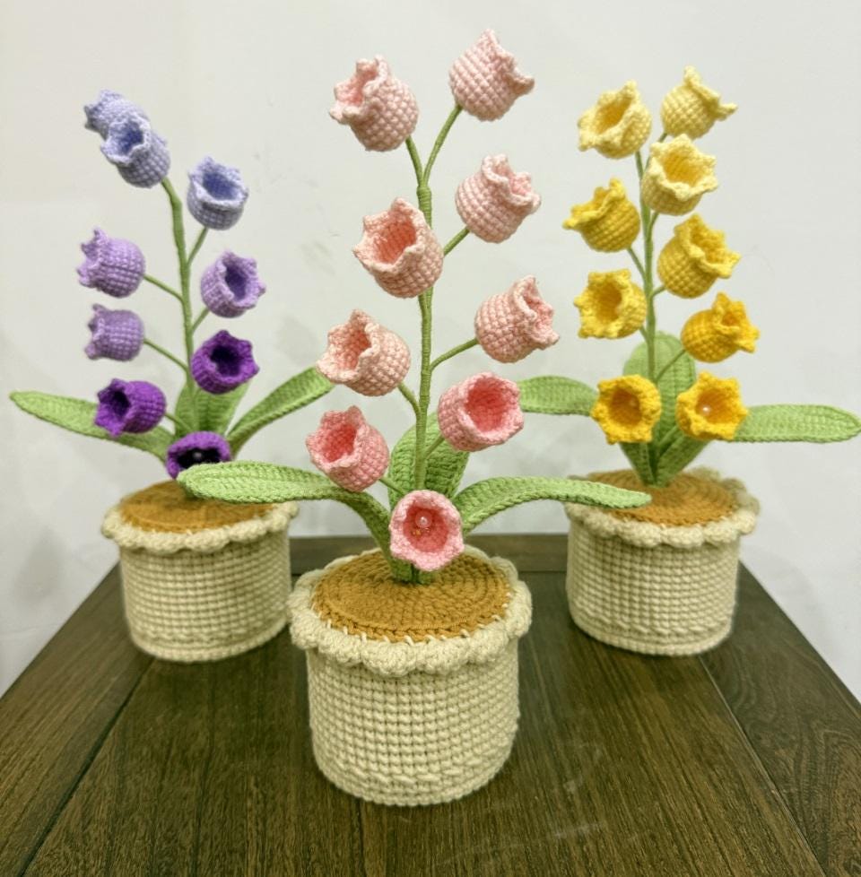 CrochetRecipe Crochet Lily of the Valley Potted Plant Lamp LED Table Light 10in White