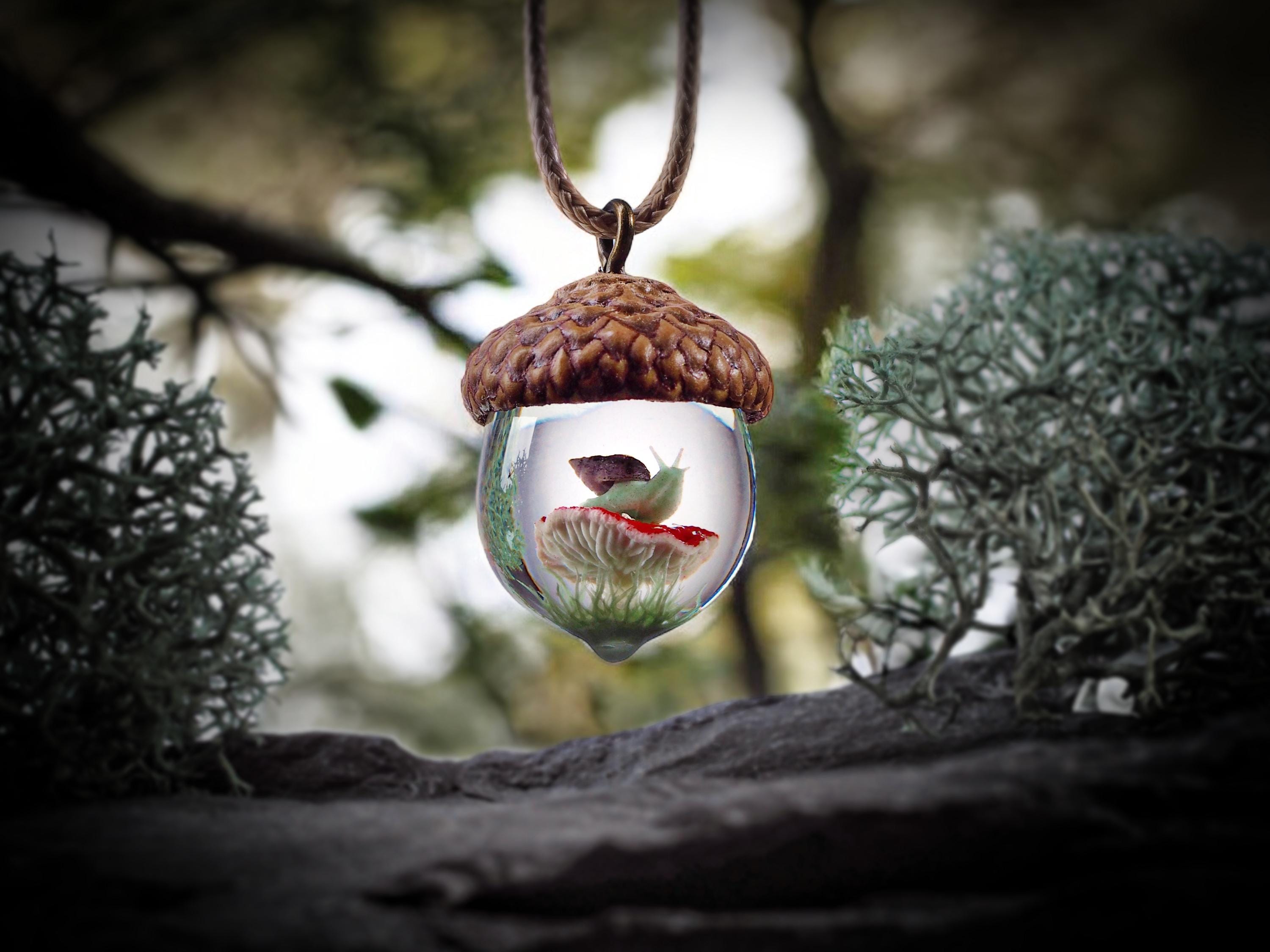 TinyNatureWorks Acorn Pendant Necklace With Mushroom Frog Resin Jewelry