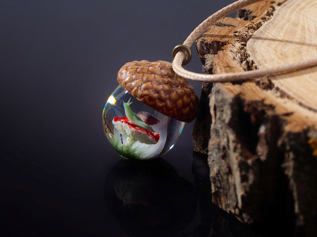 TinyNatureWorks Acorn Pendant Necklace With Mushroom Frog Resin Jewelry