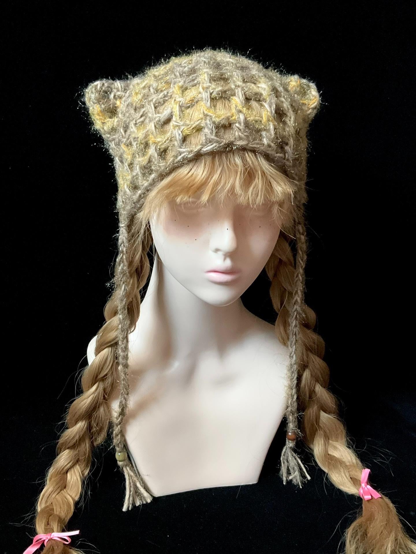 Vintage Forest-Style Cat Ear Beanie - Handmade Adjustable Beige/Yellow