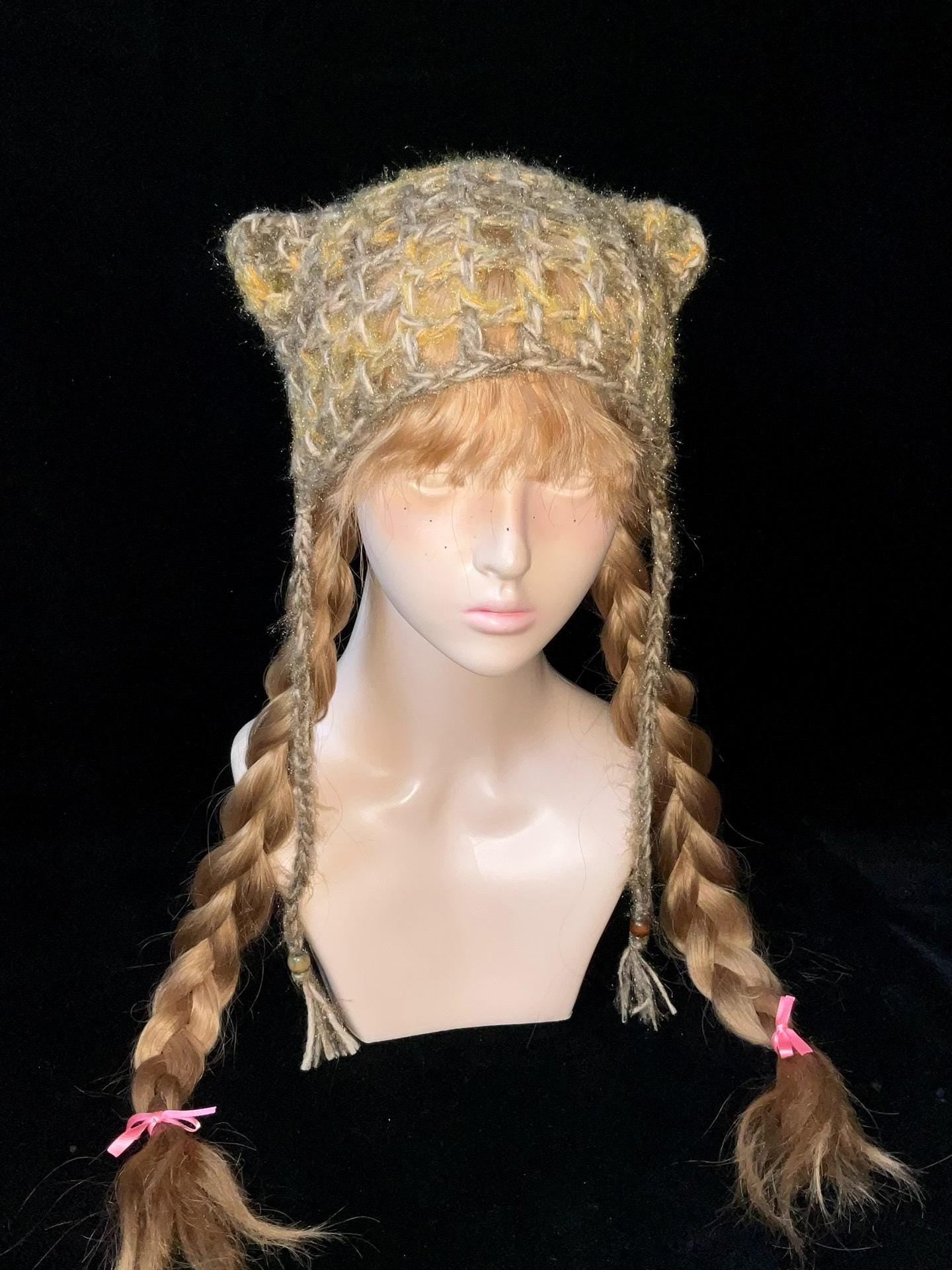 Vintage Forest-Style Cat Ear Beanie - Handmade Adjustable Beige/Yellow