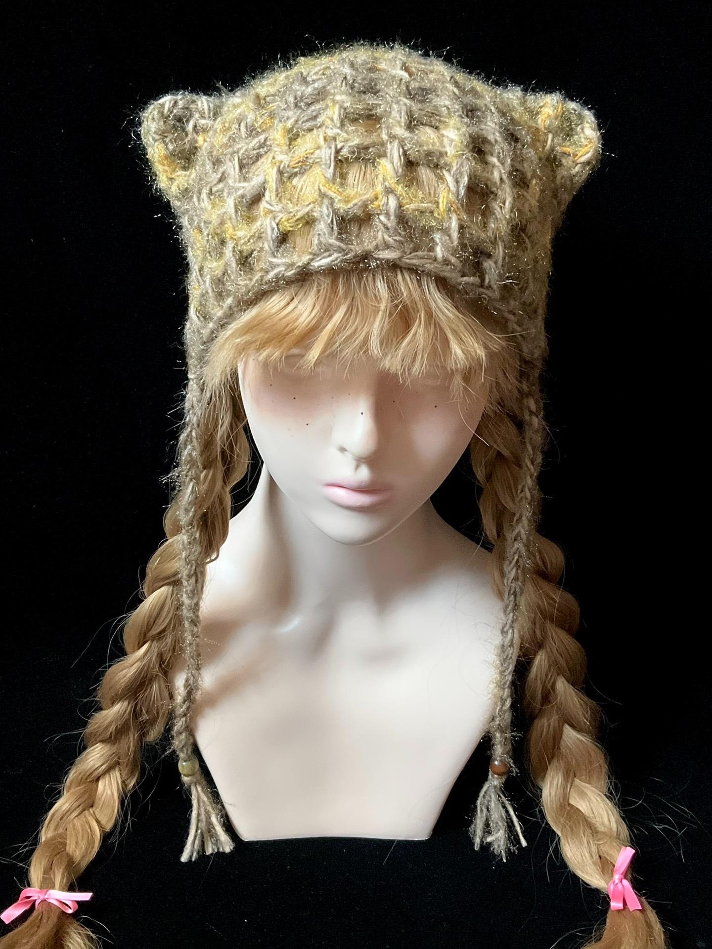 Vintage Forest-Style Cat Ear Beanie - Handmade Adjustable Beige/Yellow