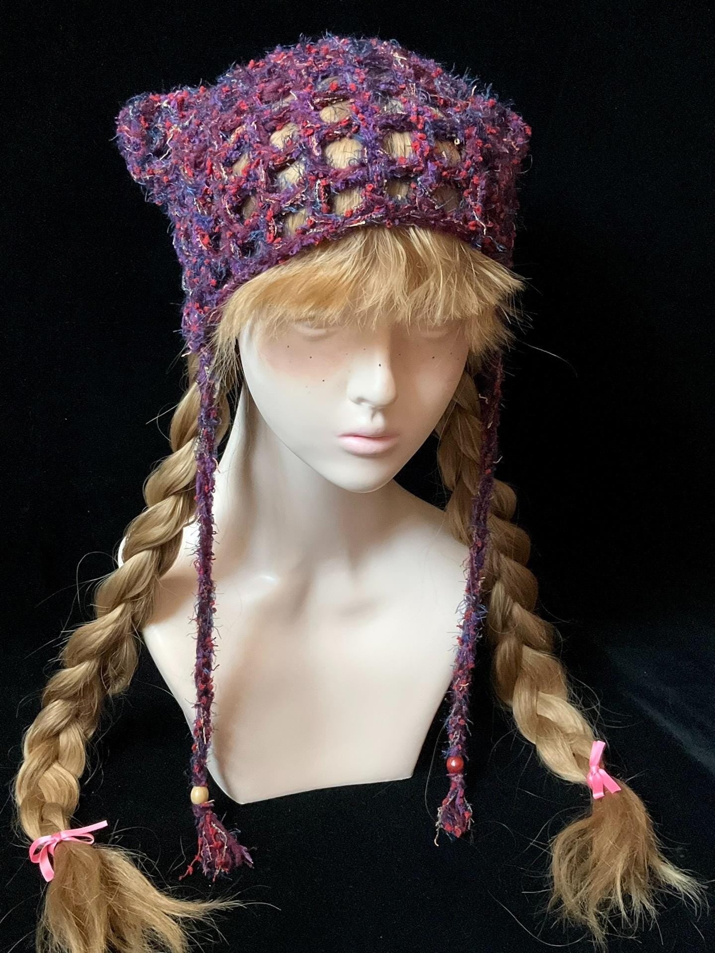 StellarPride Vintage Forest-Style Cat Ear Beanie Plum Red