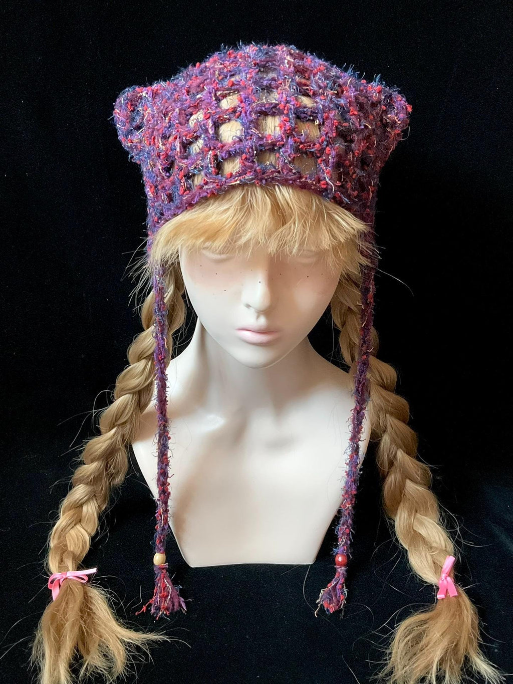 StellarPride Vintage Forest-Style Cat Ear Beanie Plum Red