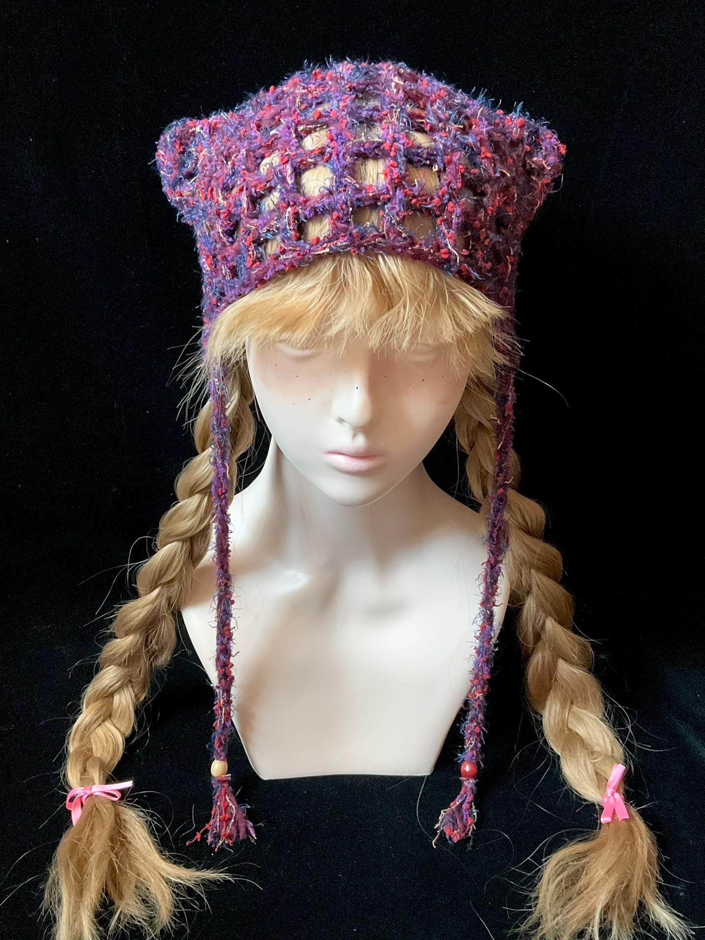 StellarPride Vintage Forest-Style Cat Ear Beanie Plum Red