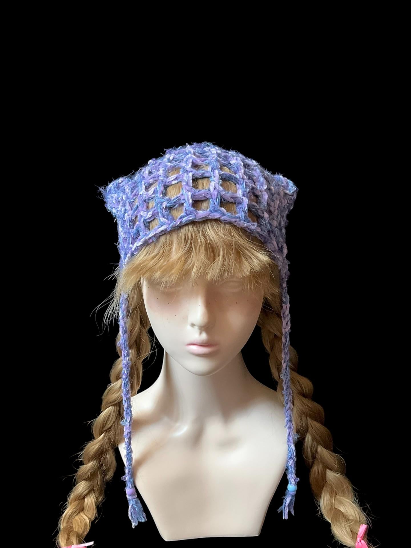 Handmade Purple & Blue Y2K Cat Ear Beanie - Snug Fit