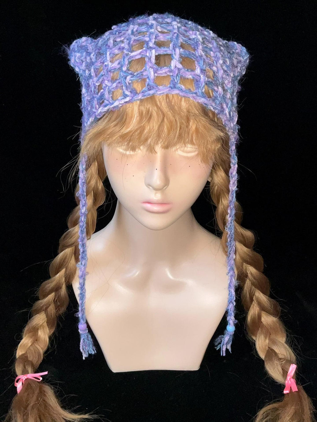 Handmade Purple & Blue Y2K Cat Ear Beanie - Snug Fit