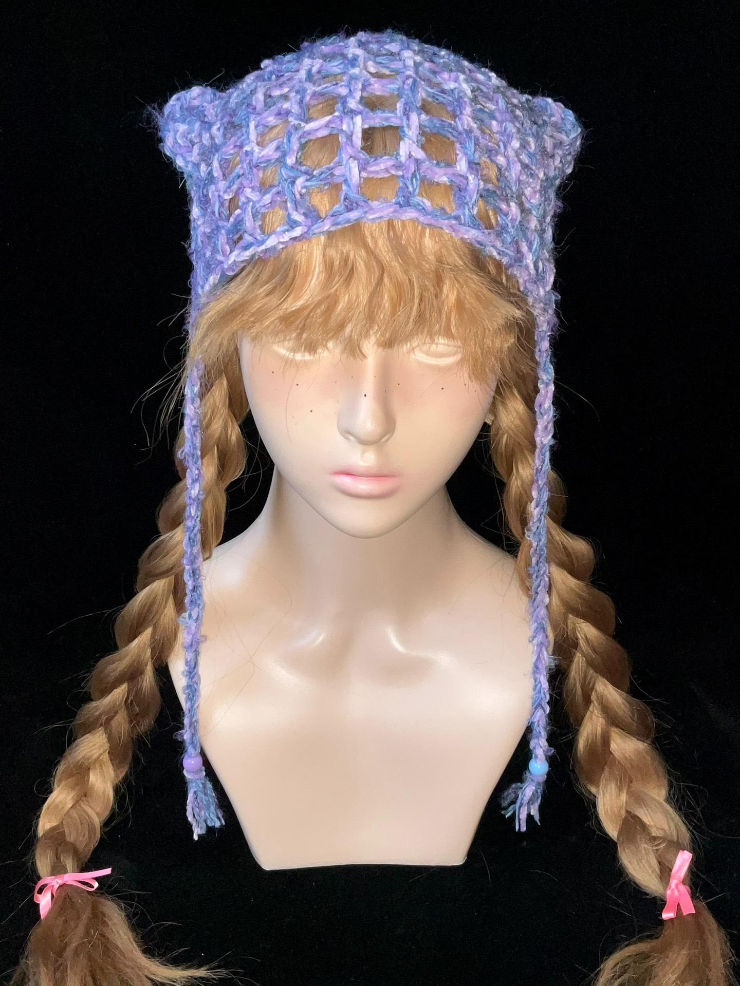 Handmade Purple & Blue Y2K Cat Ear Beanie - Snug Fit
