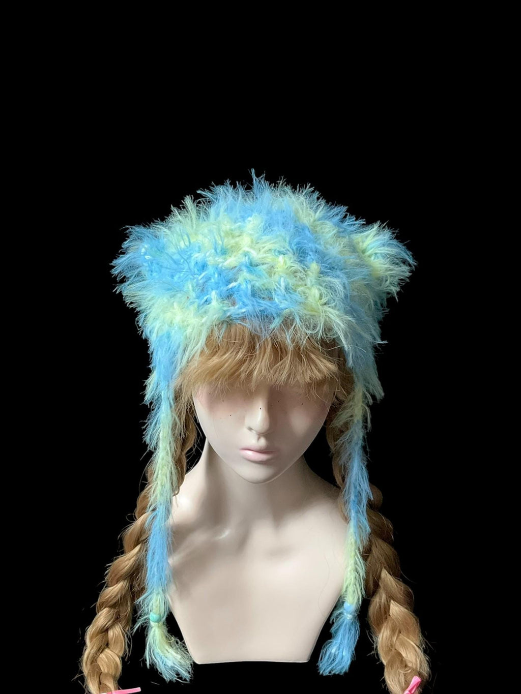 Handmade Y2K Blue Yellow Fluffy Cat Ear Hat
