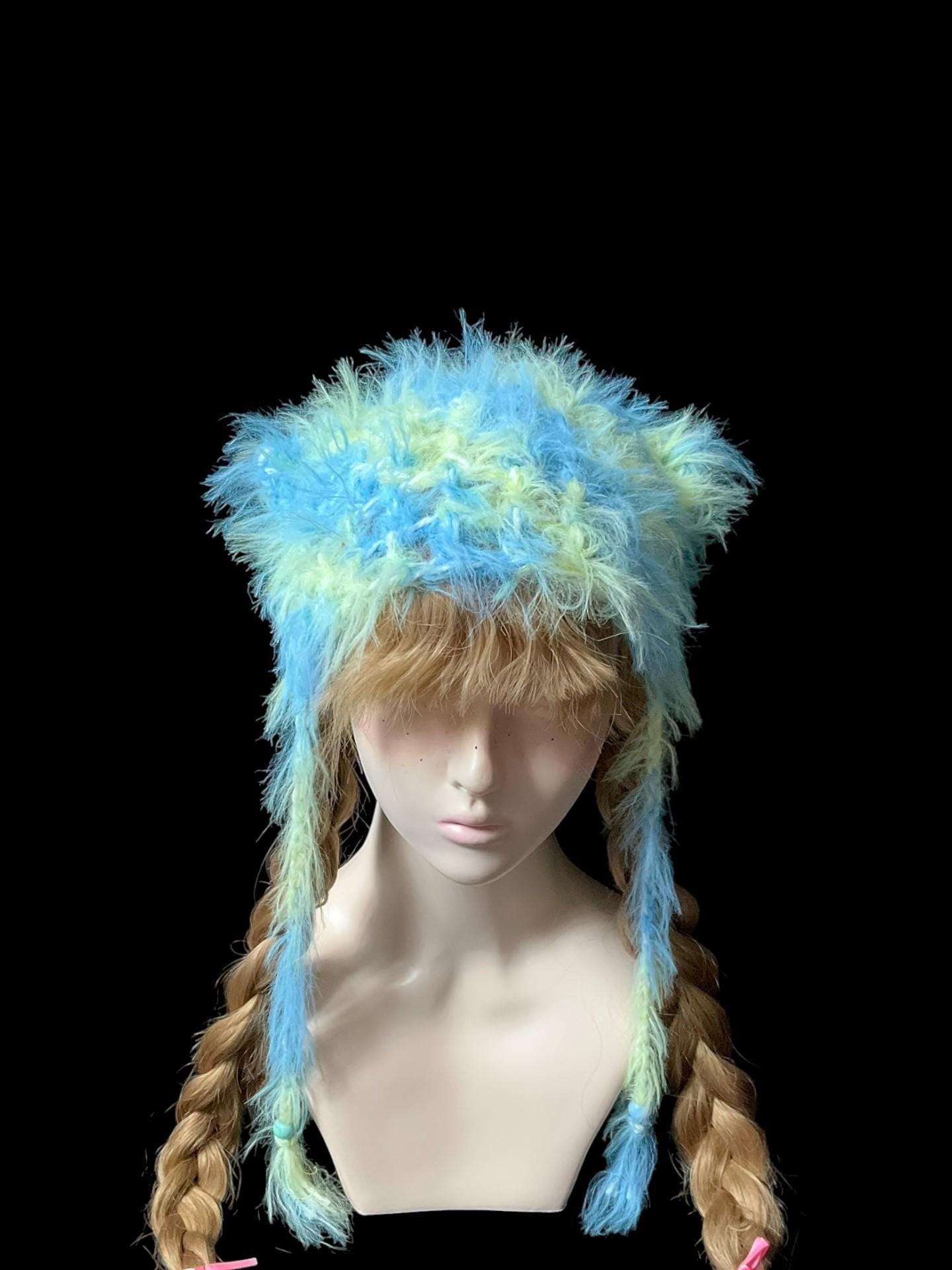 Handmade Y2K Blue Yellow Fluffy Cat Ear Hat