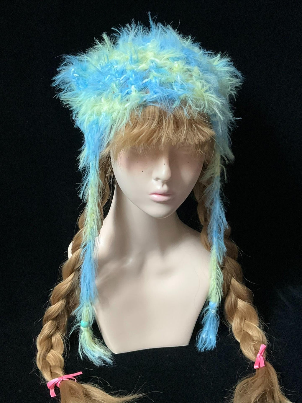Handmade Y2K Blue Yellow Fluffy Cat Ear Hat