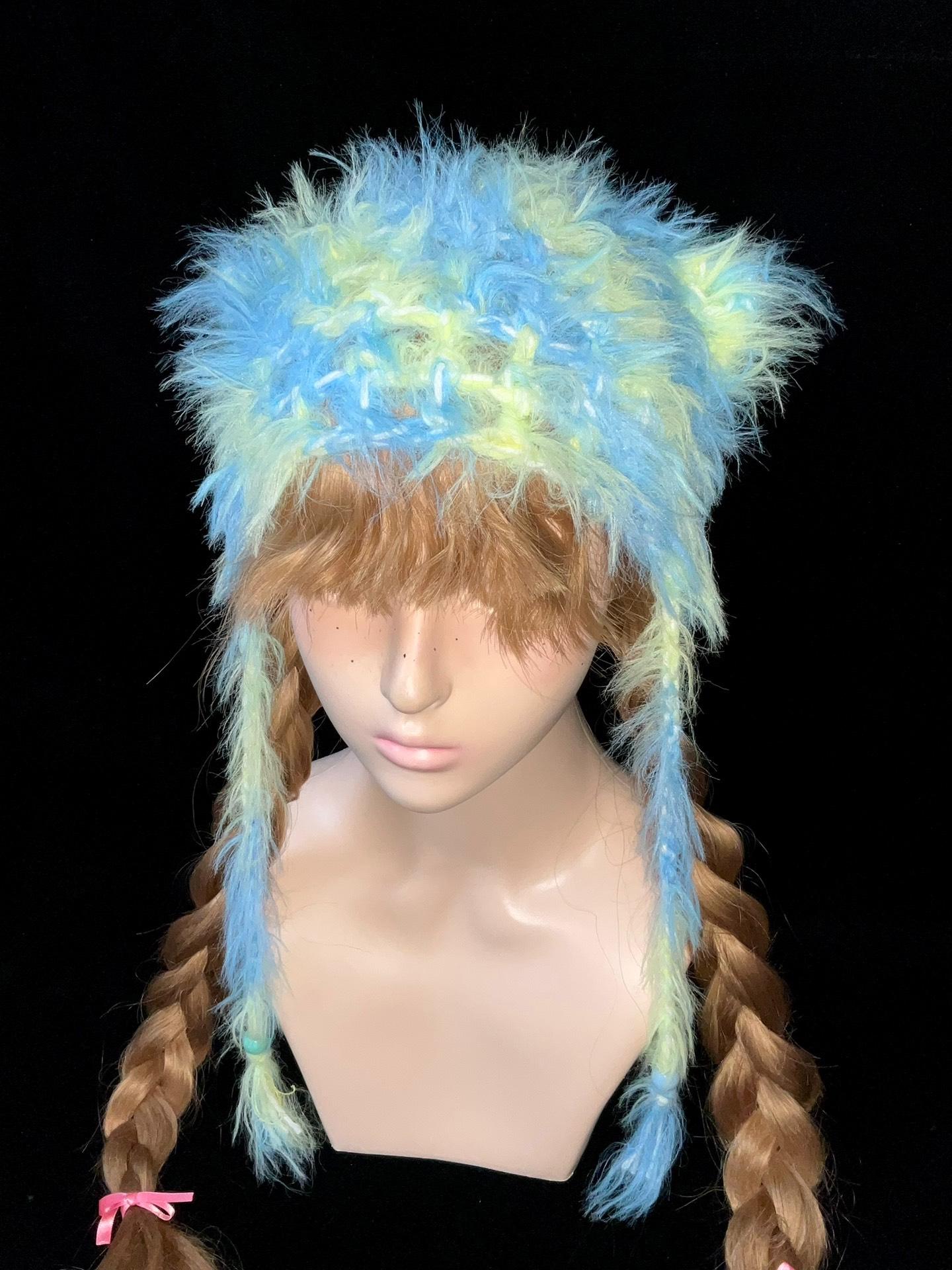 Handmade Y2K Blue Yellow Fluffy Cat Ear Hat