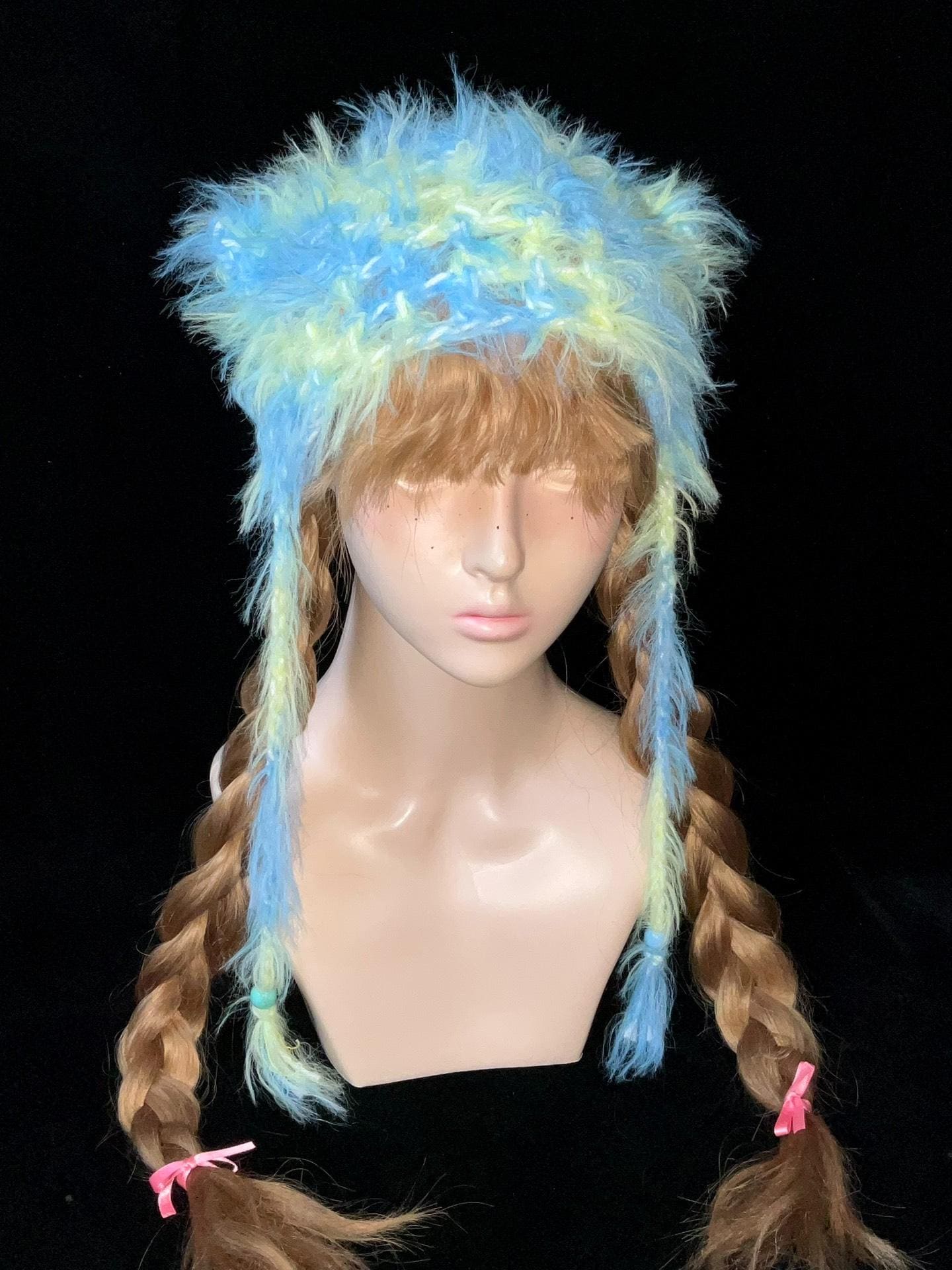 Handmade Y2K Blue Yellow Fluffy Cat Ear Hat