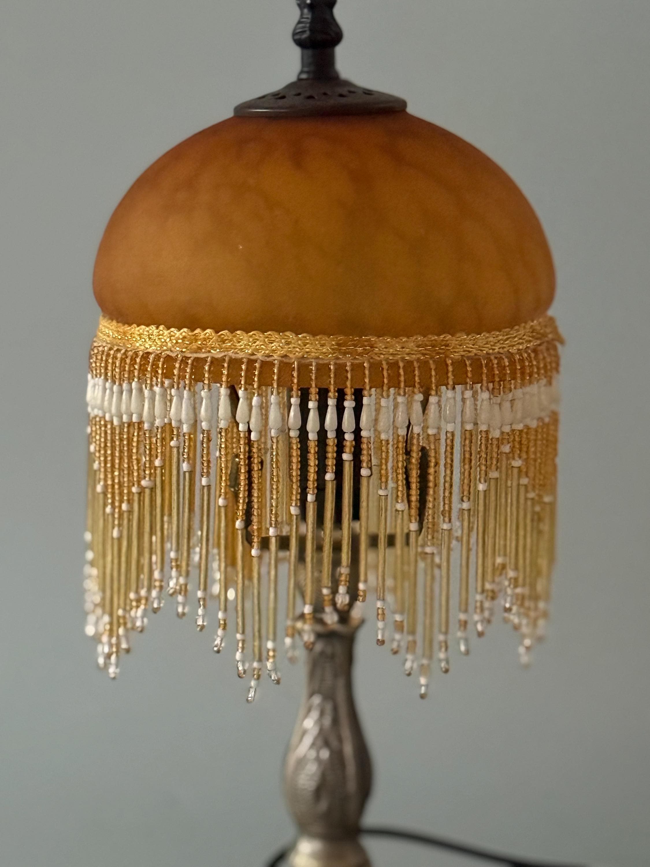 U2Antique Vintage Stained Glass Table Lamp with Beaded Fringe