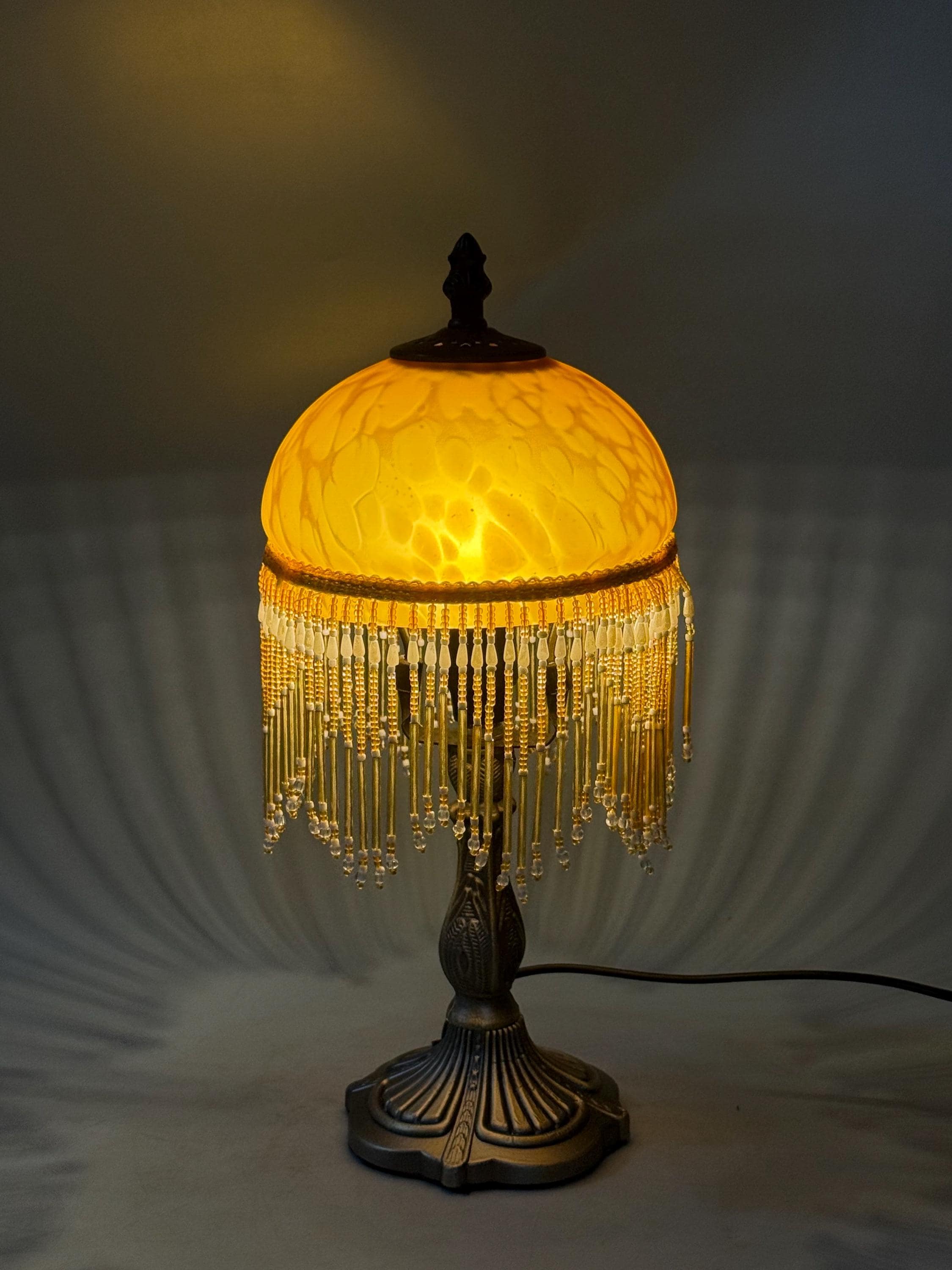 U2Antique Vintage Stained Glass Table Lamp with Beaded Fringe