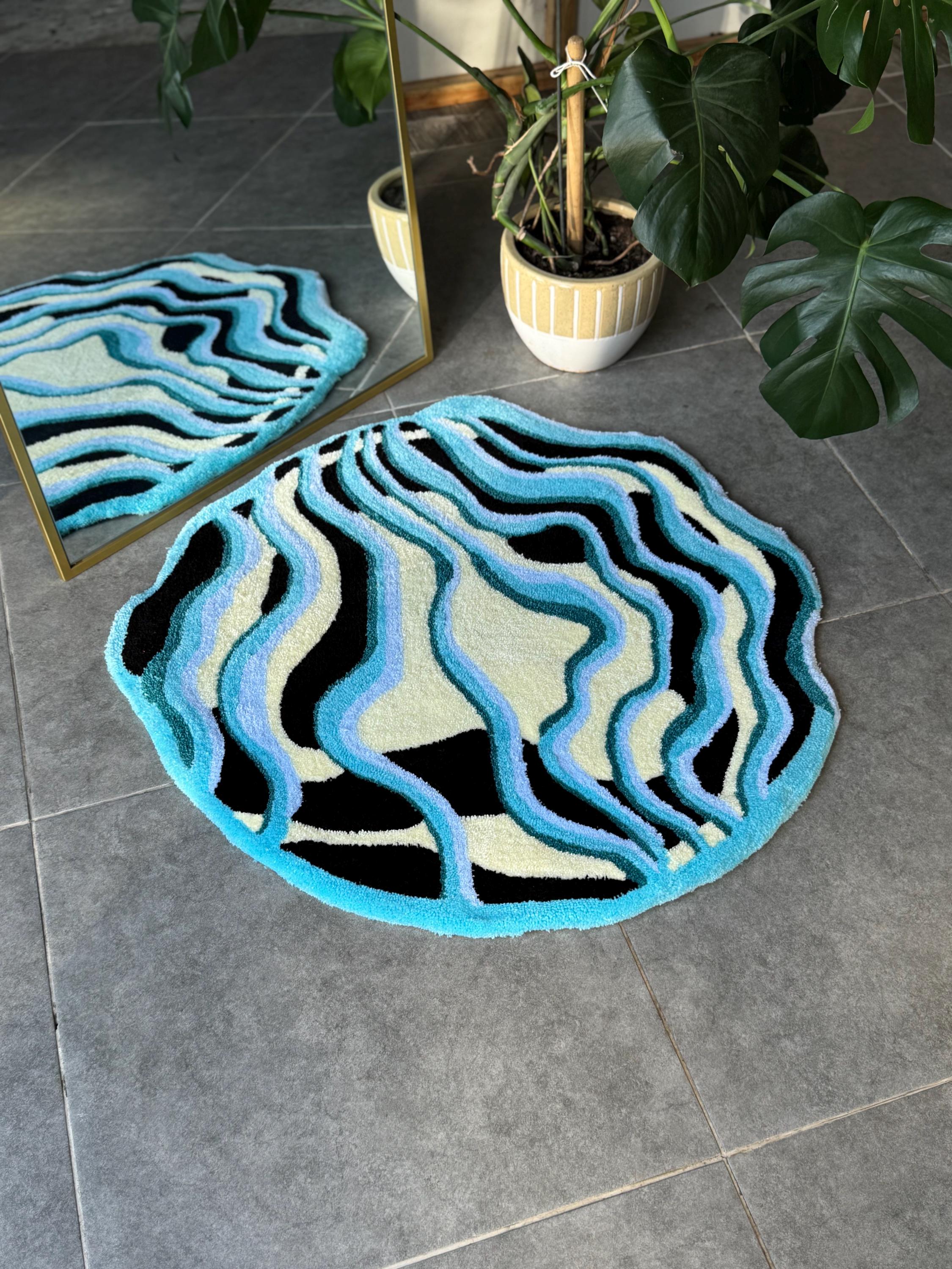 OrnnWorks Handmade Tufted Rug Wavy Abstract Blue Design