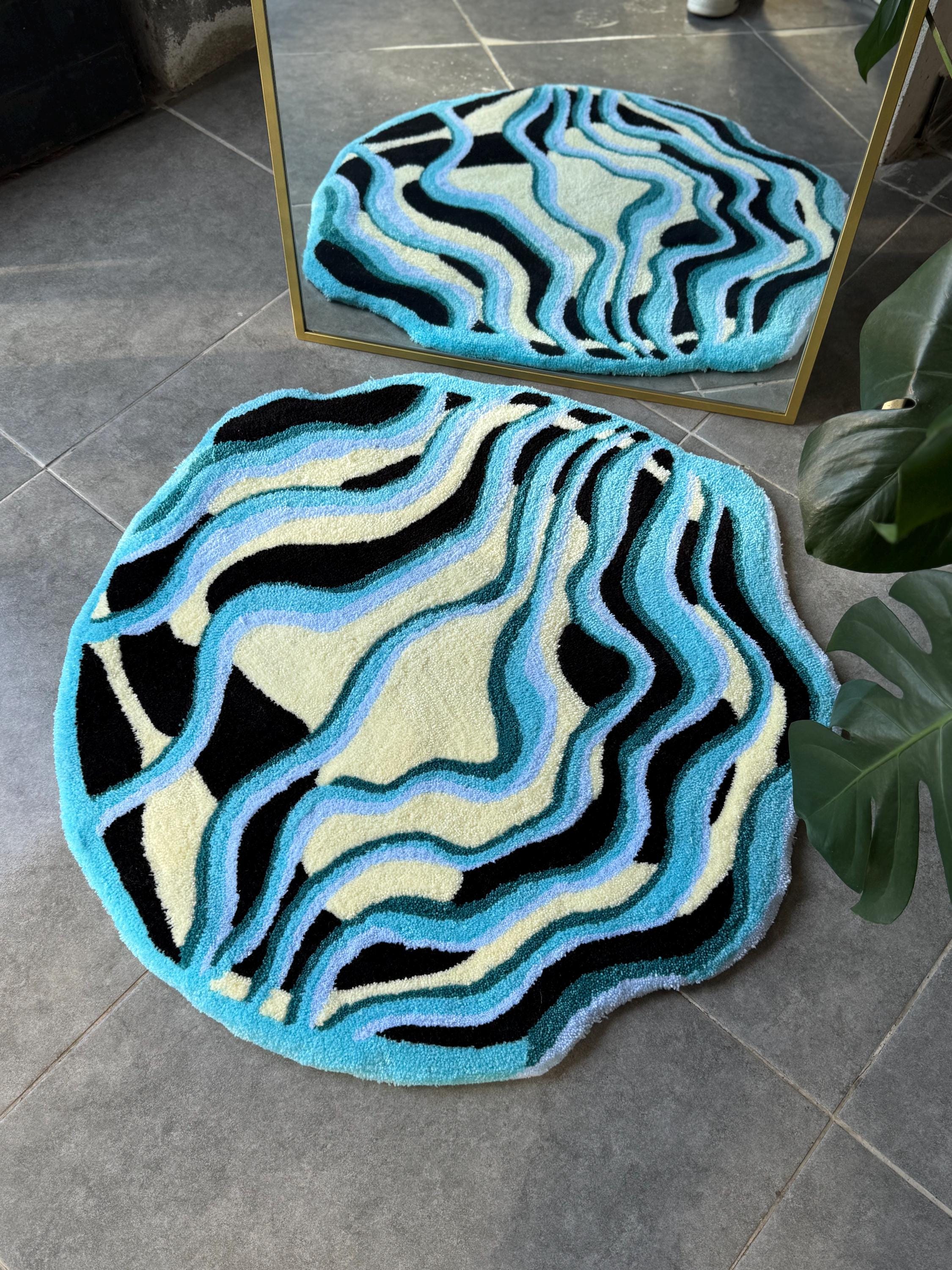 OrnnWorks Handmade Tufted Rug Wavy Abstract Blue Design