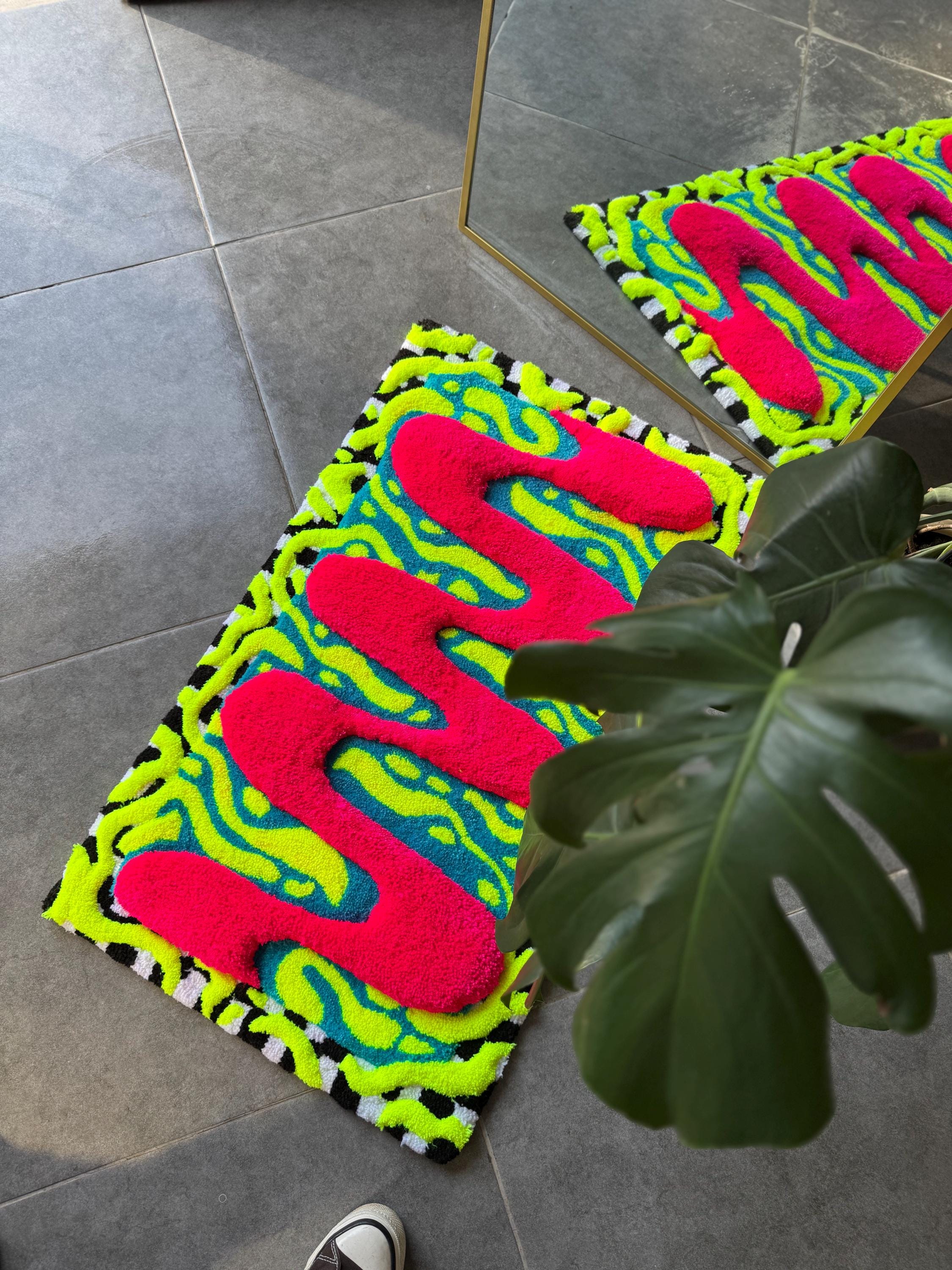 OrnnWorks Silent Disco Handmade 3D Fluffy Tufted Rug Neon Abstract