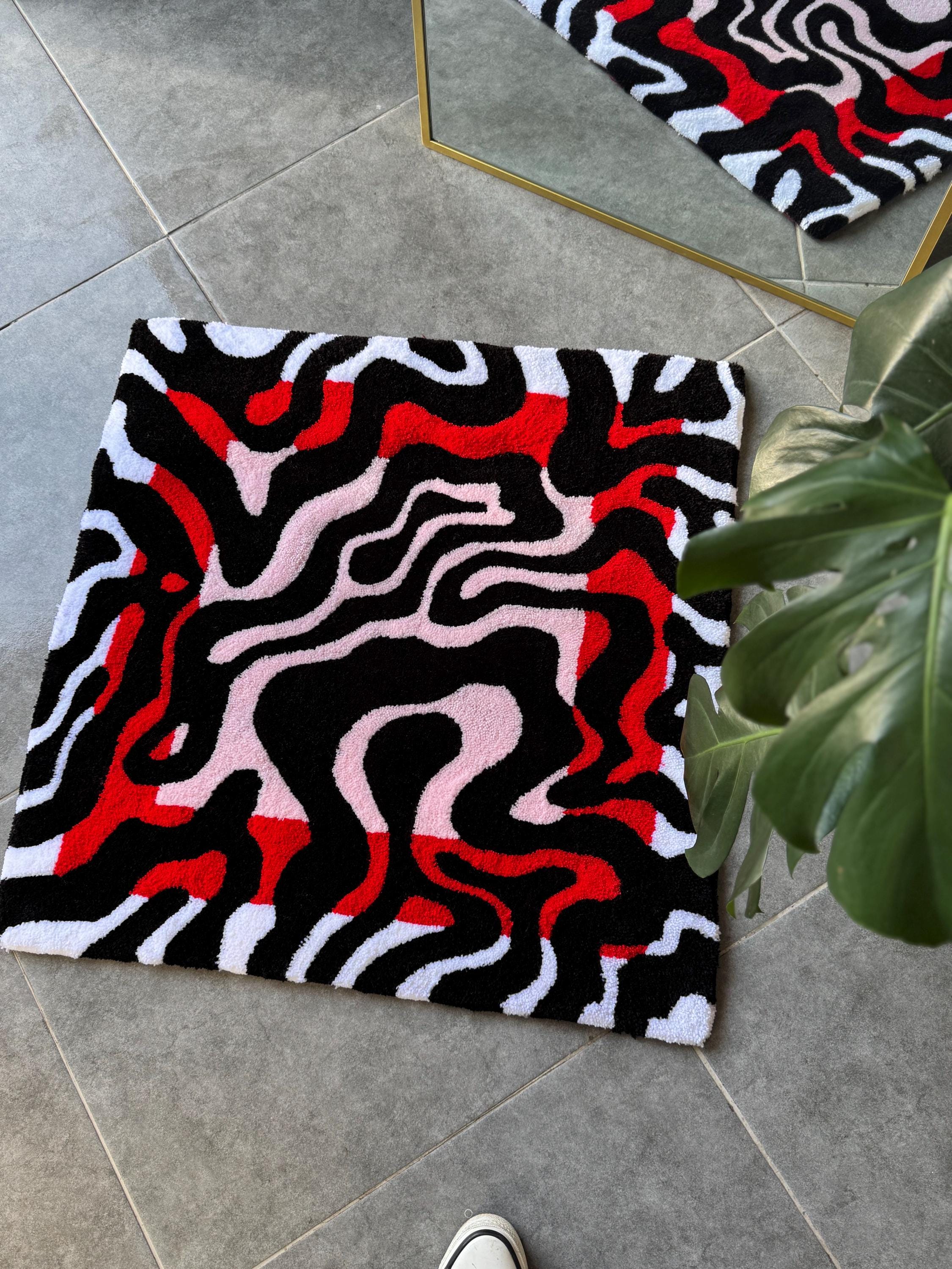 OrnnWorks Handmade Tufted Rug Red & Black Abstract Design Square