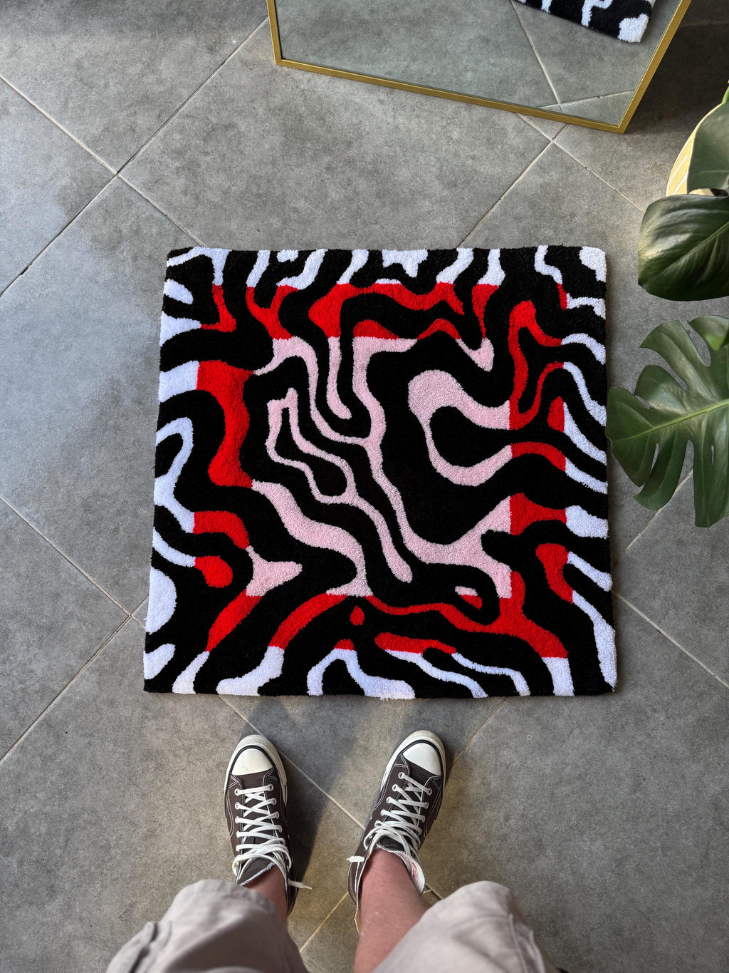 OrnnWorks Handmade Tufted Rug Red & Black Abstract Design Square